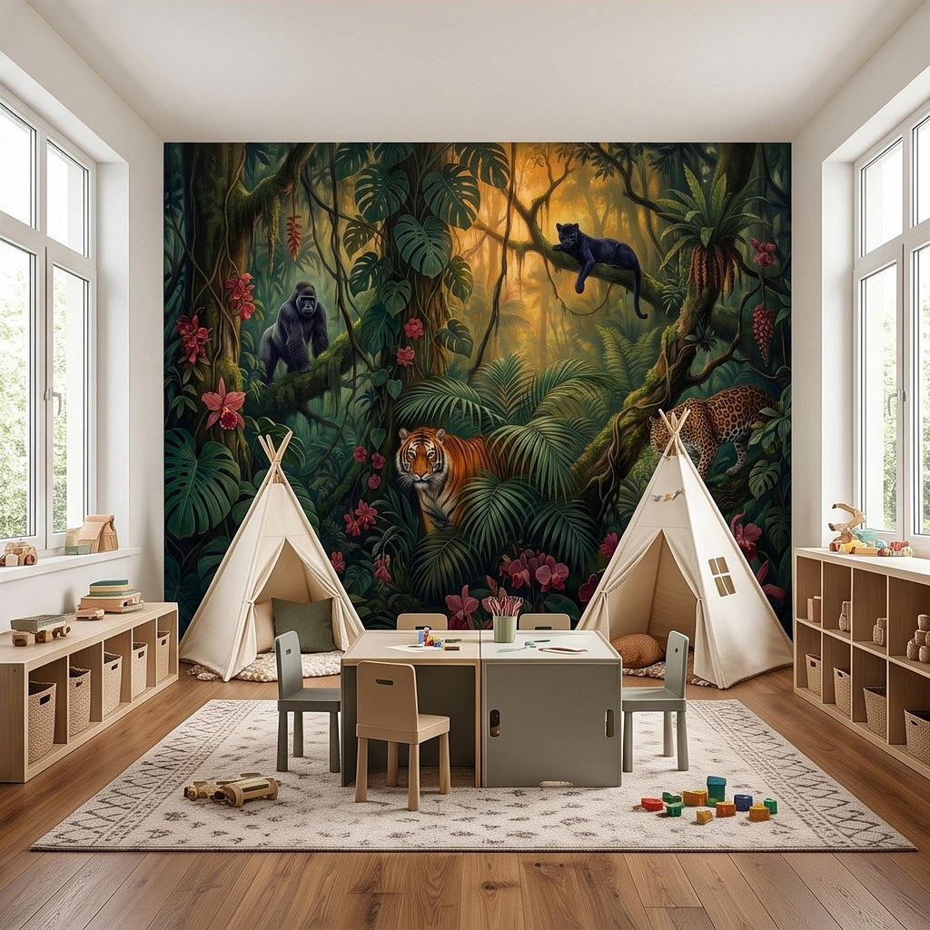 Tropical Jungle Peel and Stick Wall Mural, Rainforest Wildlife Botanical Adventure Exotic Animals Vintage Painting Kids Nursery Wallpaper
