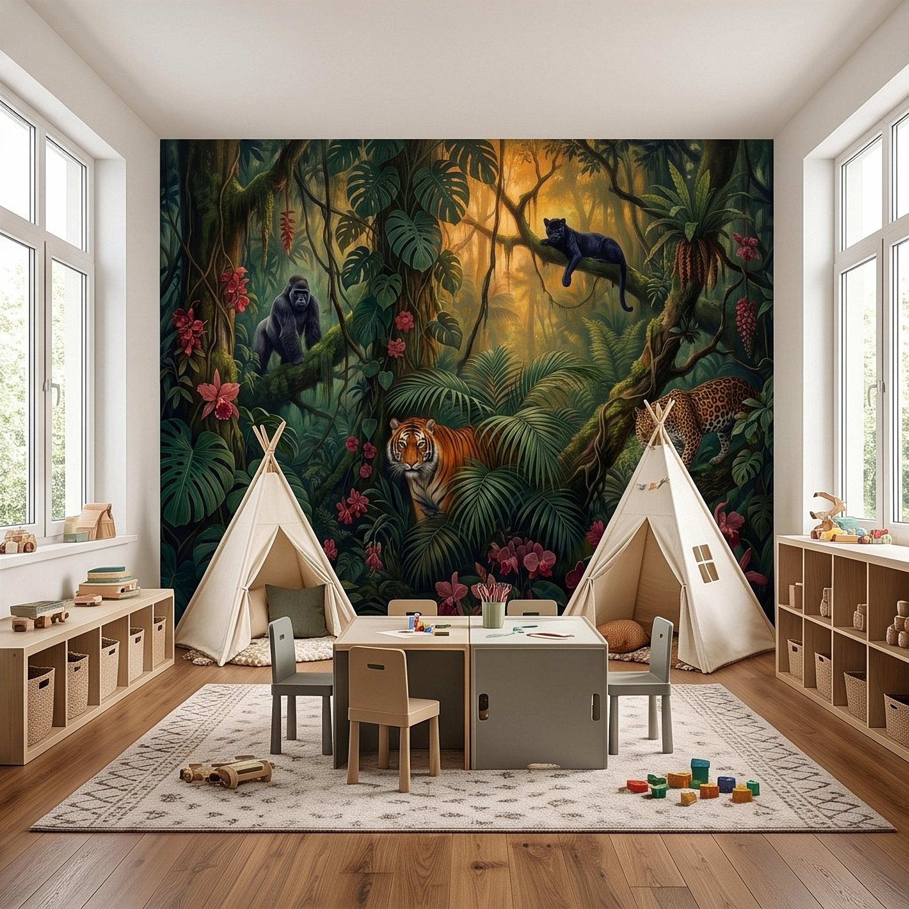 Tropical Jungle Peel and Stick Wall Mural, Rainforest Wildlife Botanical Adventure Exotic Animals Vintage Painting Kids Nursery Wallpaper