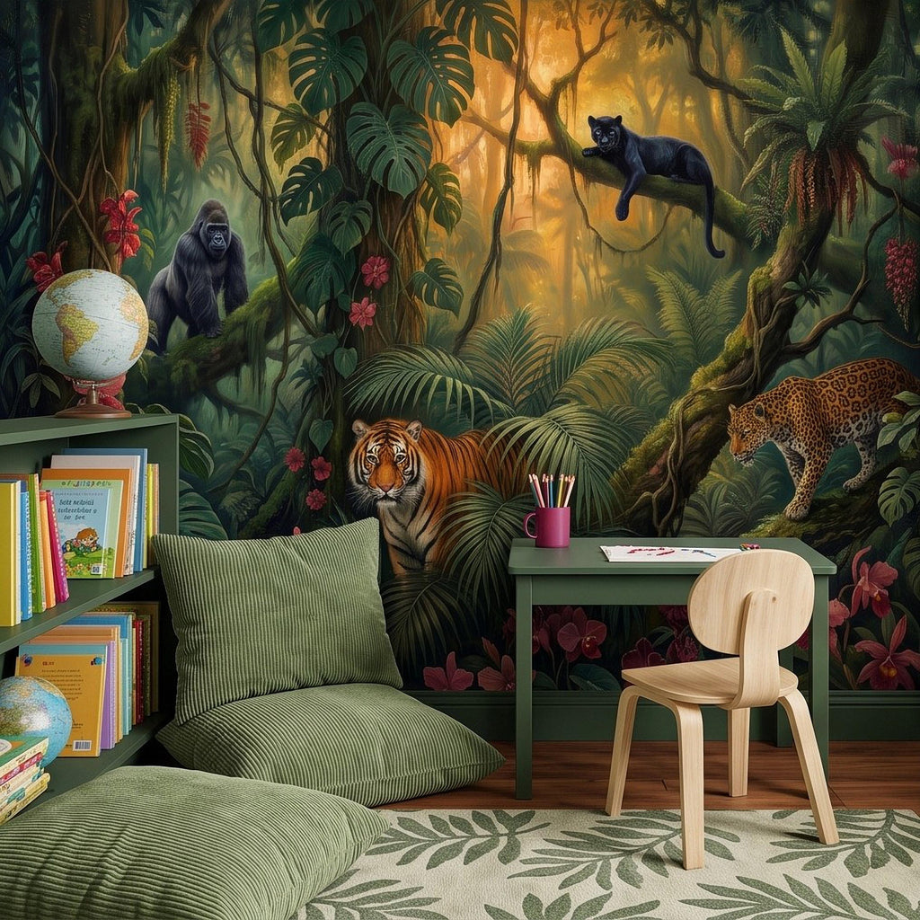Tropical Jungle Peel and Stick Wall Mural, Rainforest Wildlife Botanical Adventure Exotic Animals Vintage Painting Kids Nursery Wallpaper