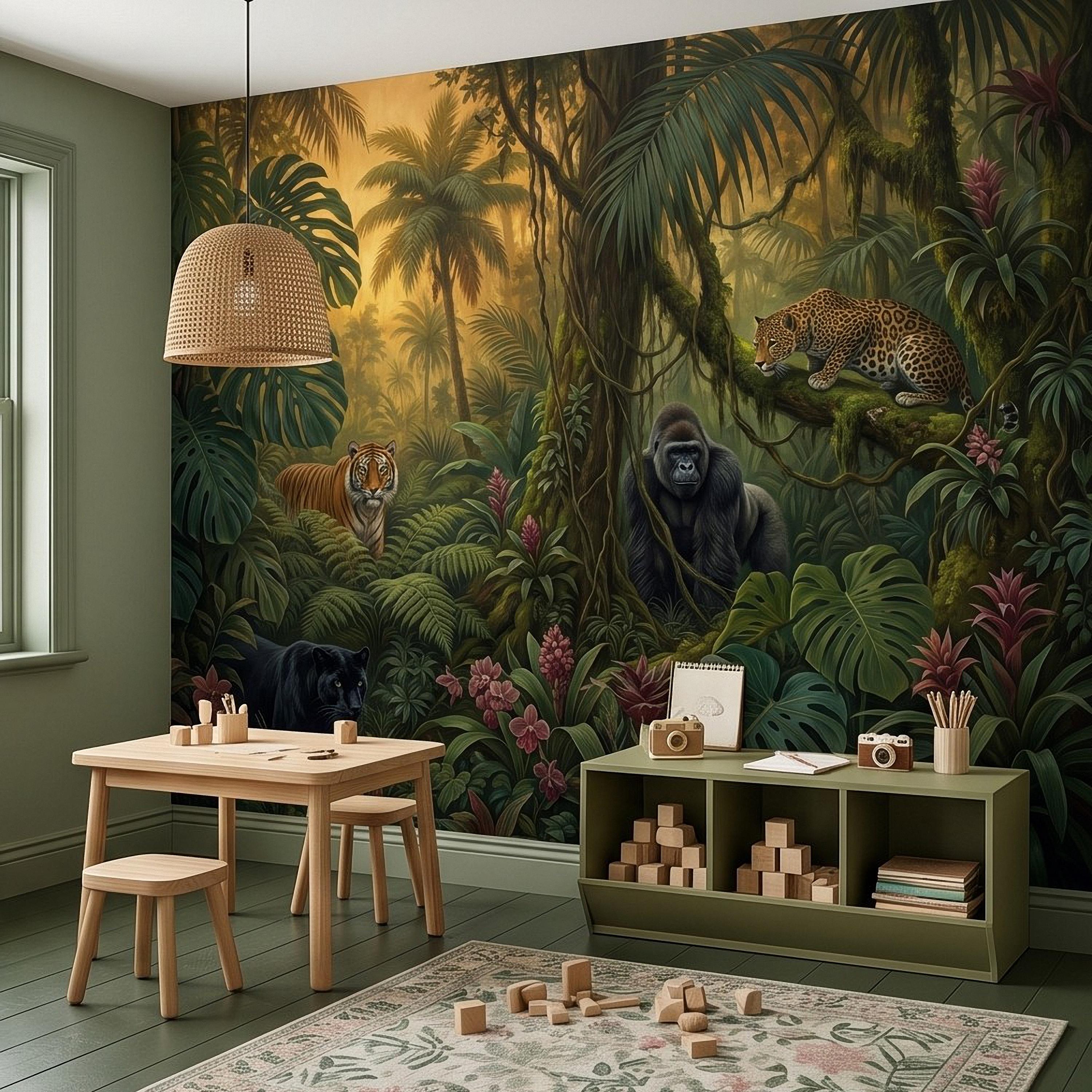 Tropical Jungle Peel and Stick Wall Mural, Rainforest Wildlife Adventure Lush Botanical Exotic Animals Vintage Kids Nursery Wallpaper