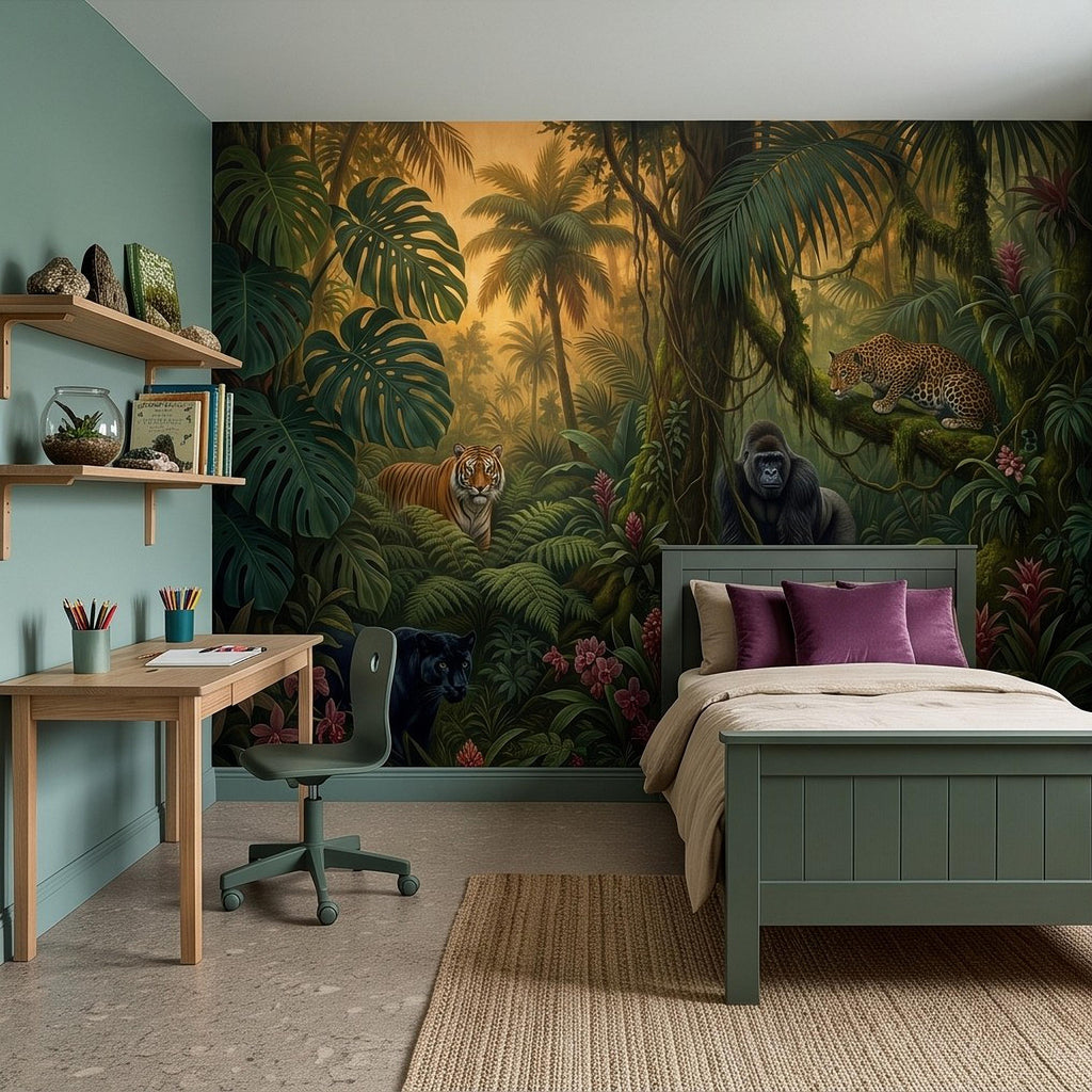 Tropical Jungle Peel and Stick Wall Mural, Rainforest Wildlife Adventure Lush Botanical Exotic Animals Vintage Kids Nursery Wallpaper
