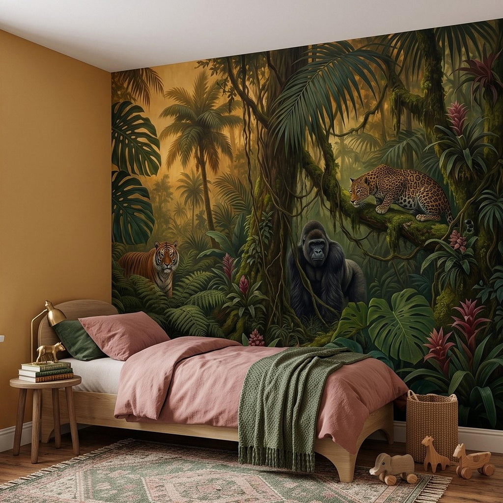 Tropical Jungle Peel and Stick Wall Mural, Rainforest Wildlife Adventure Lush Botanical Exotic Animals Vintage Kids Nursery Wallpaper