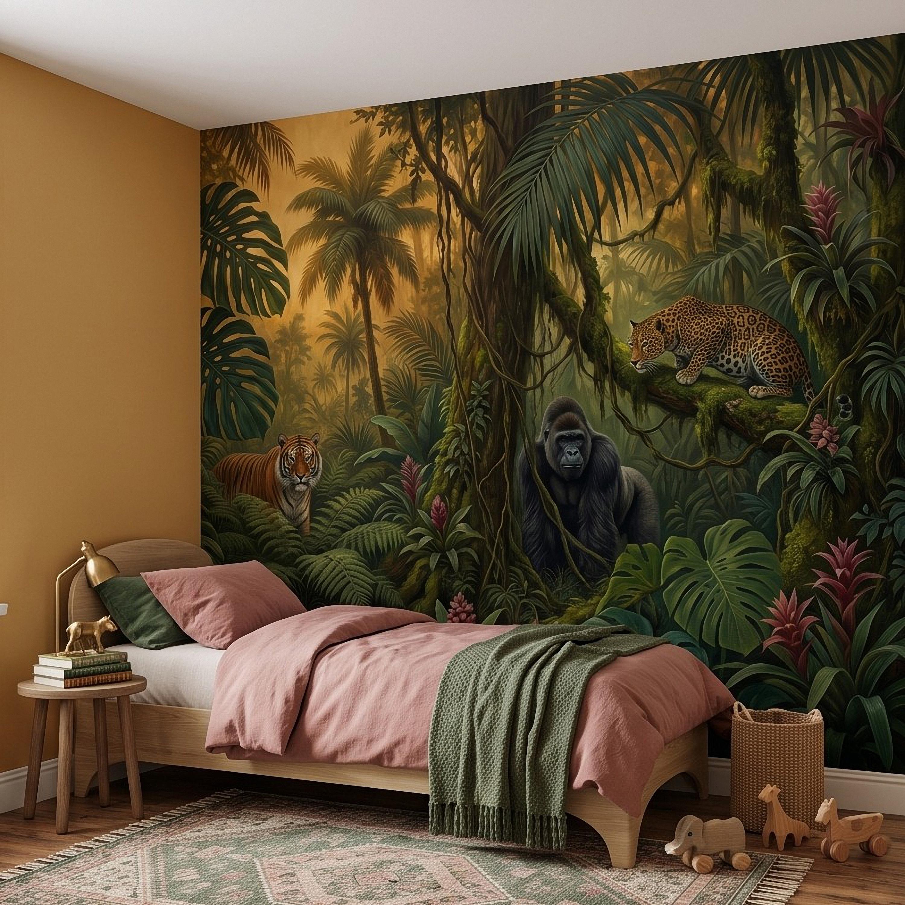 Tropical Jungle Peel and Stick Wall Mural, Rainforest Wildlife Adventure Lush Botanical Exotic Animals Vintage Kids Nursery Wallpaper
