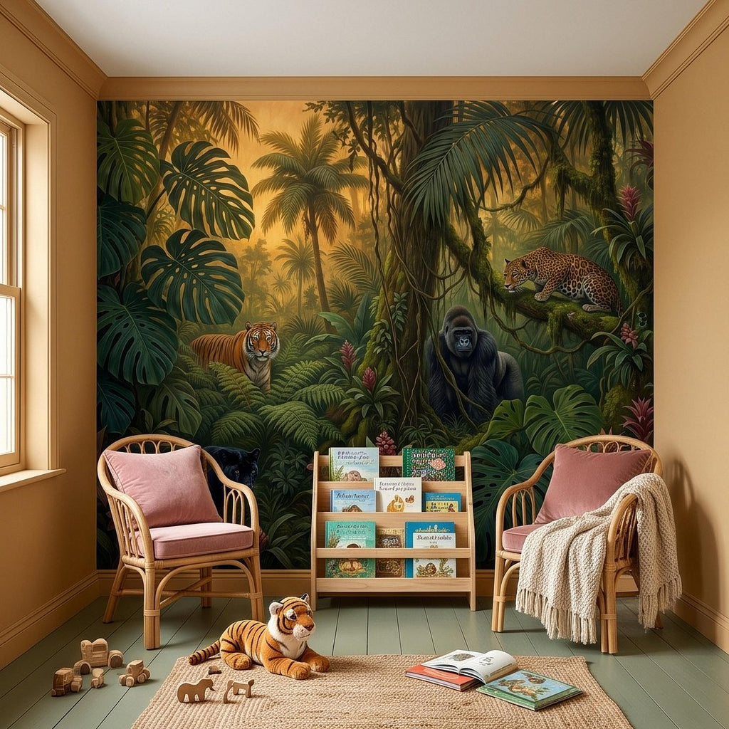 Tropical Jungle Peel and Stick Wall Mural, Rainforest Wildlife Adventure Lush Botanical Exotic Animals Vintage Kids Nursery Wallpaper