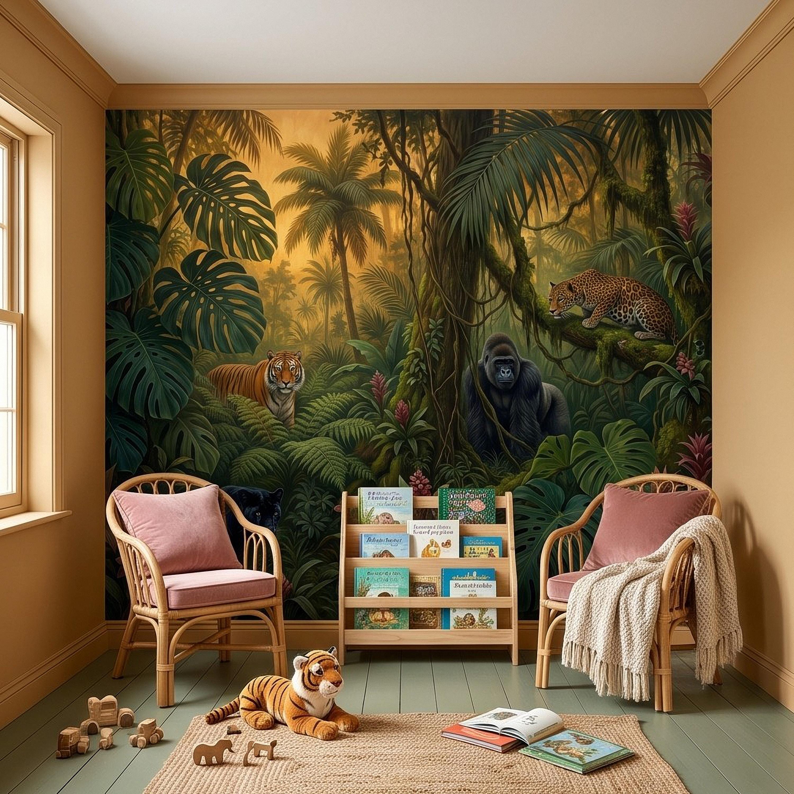 Tropical Jungle Peel and Stick Wall Mural, Rainforest Wildlife Adventure Lush Botanical Exotic Animals Vintage Kids Nursery Wallpaper