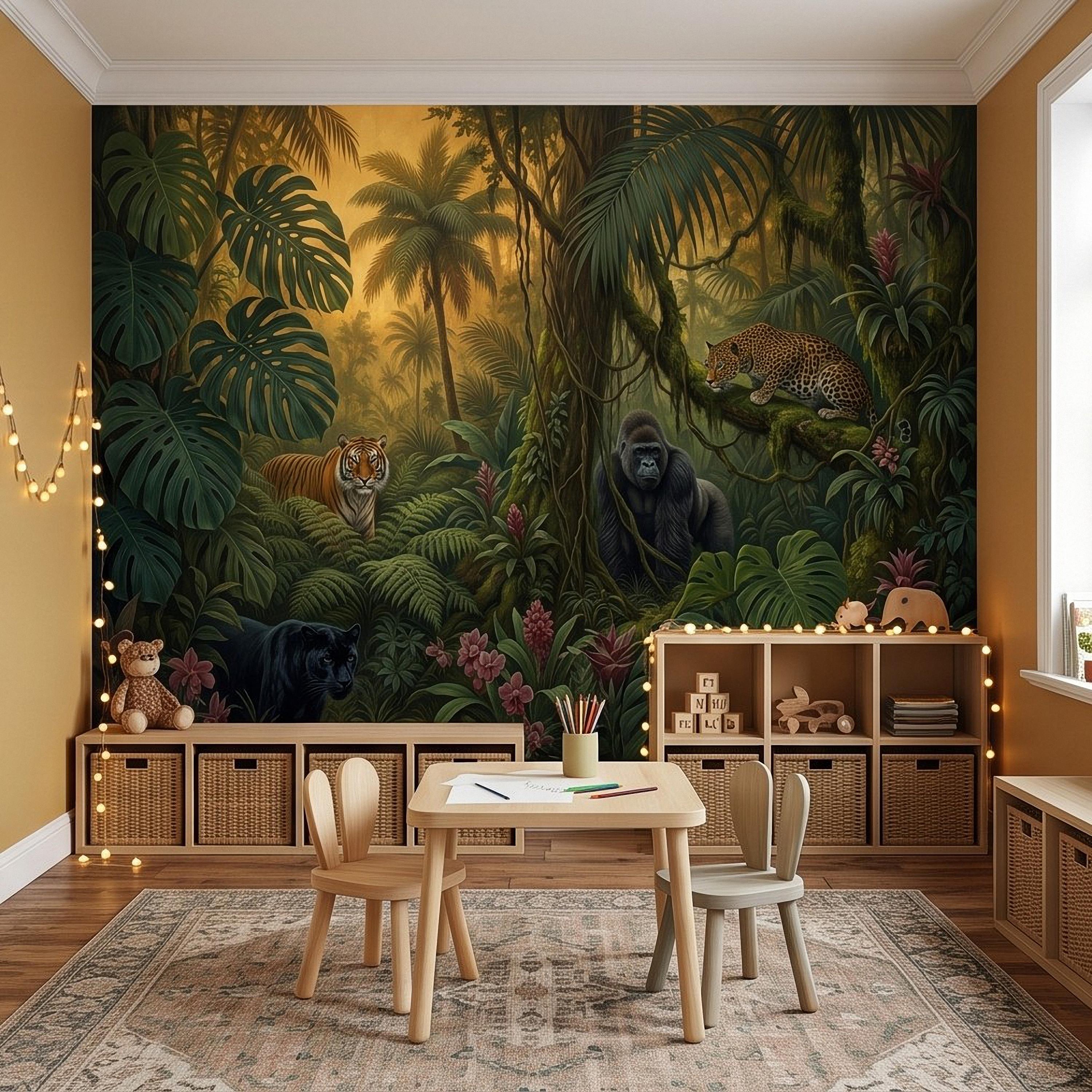 Tropical Jungle Peel and Stick Wall Mural, Rainforest Wildlife Adventure Lush Botanical Exotic Animals Vintage Kids Nursery Wallpaper
