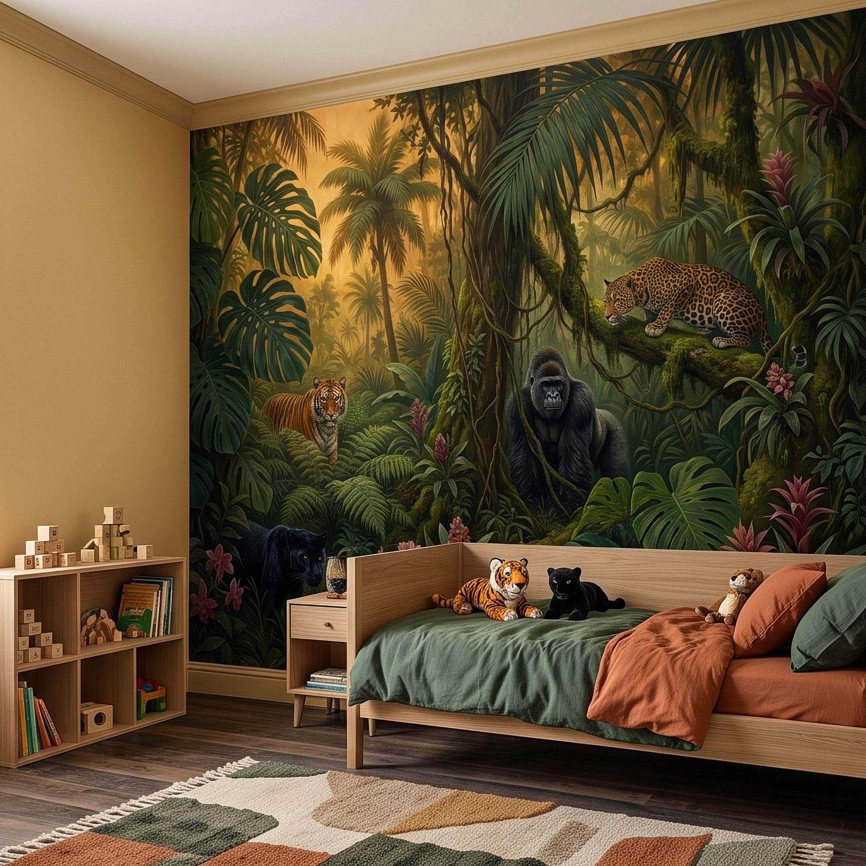 Tropical Jungle Peel and Stick Wall Mural, Rainforest Wildlife Adventure Lush Botanical Exotic Animals Vintage Kids Nursery Wallpaper