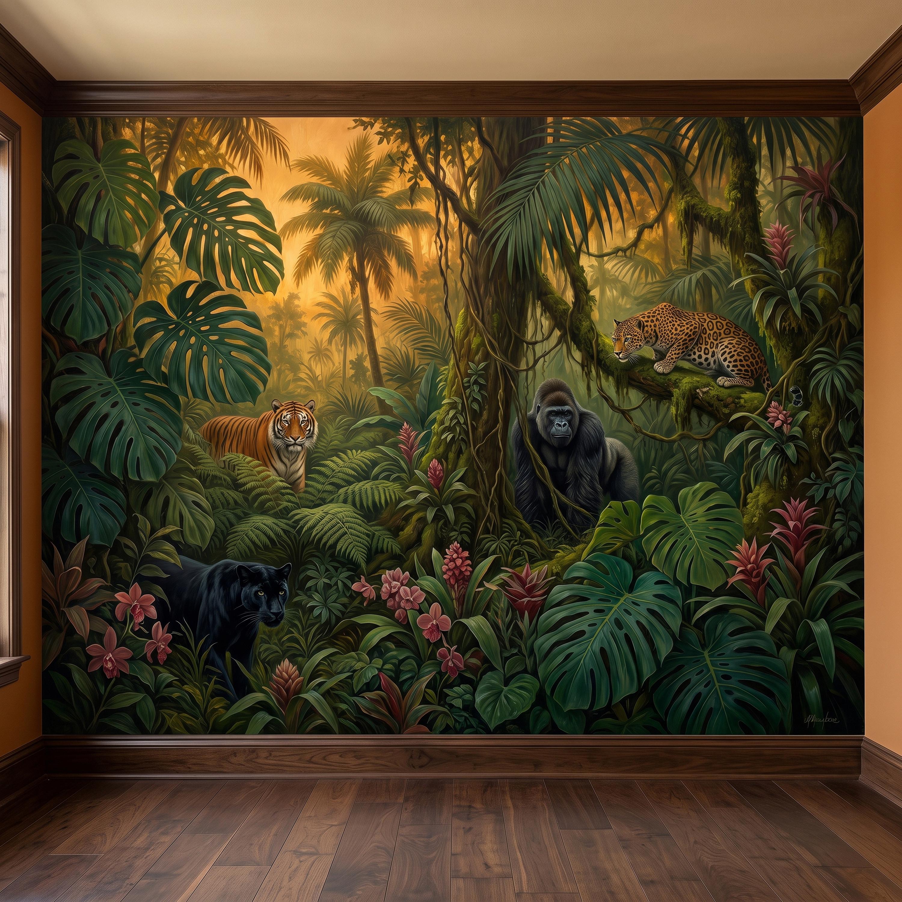 Tropical Jungle Peel and Stick Wall Mural, Rainforest Wildlife Adventure Lush Botanical Exotic Animals Vintage Kids Nursery Wallpaper