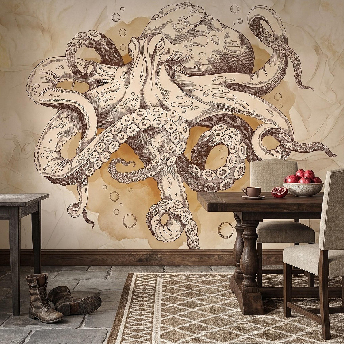 Vintage Octopus Peel and Stick Wall Mural, Antique Sepia Ink Drawing Nautical Marine Life Watercolor Scientific Illustration Wallpaper - The Fine Art Murals