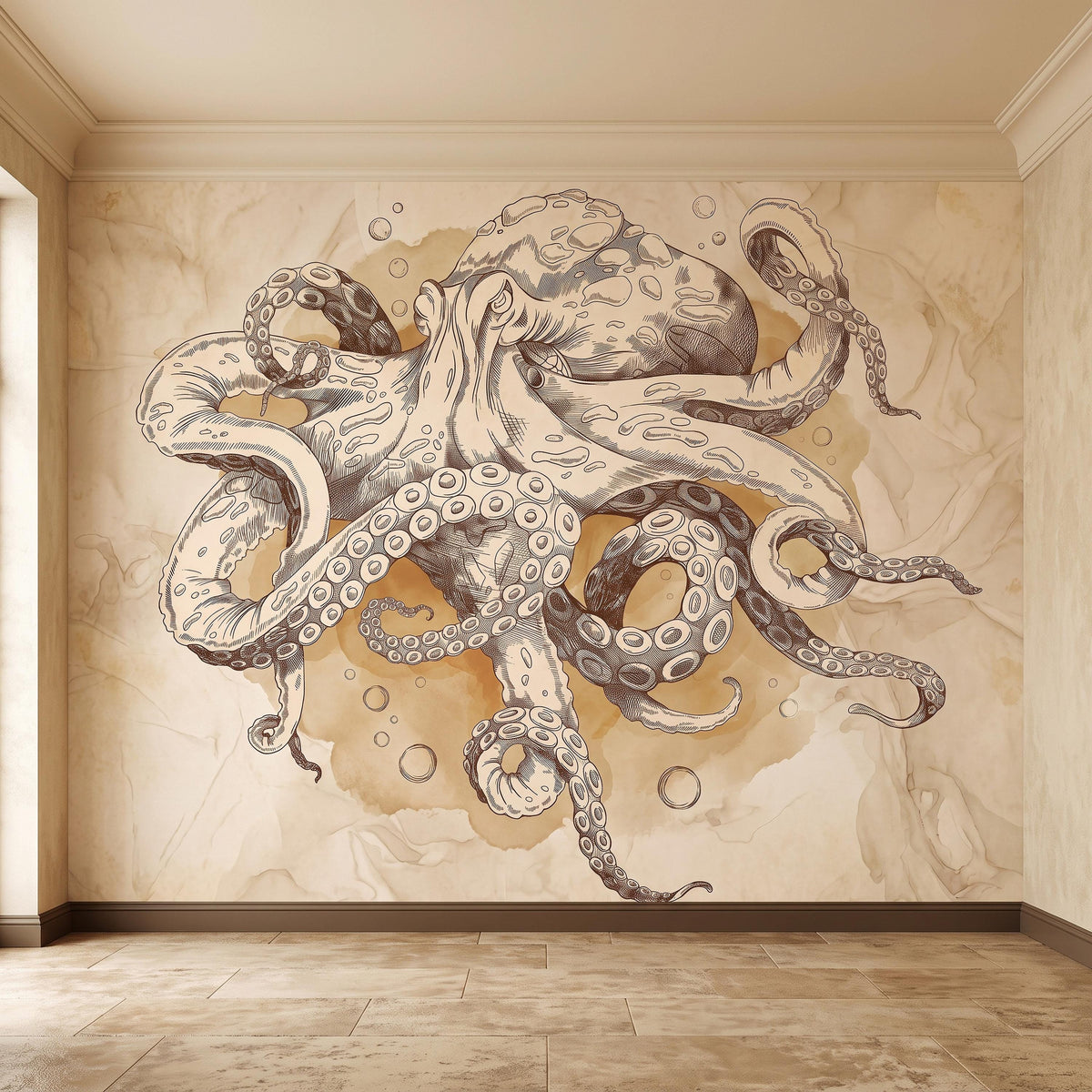 Vintage Octopus Peel and Stick Wall Mural, Antique Sepia Ink Drawing Nautical Marine Life Watercolor Scientific Illustration Wallpaper - The Fine Art Murals