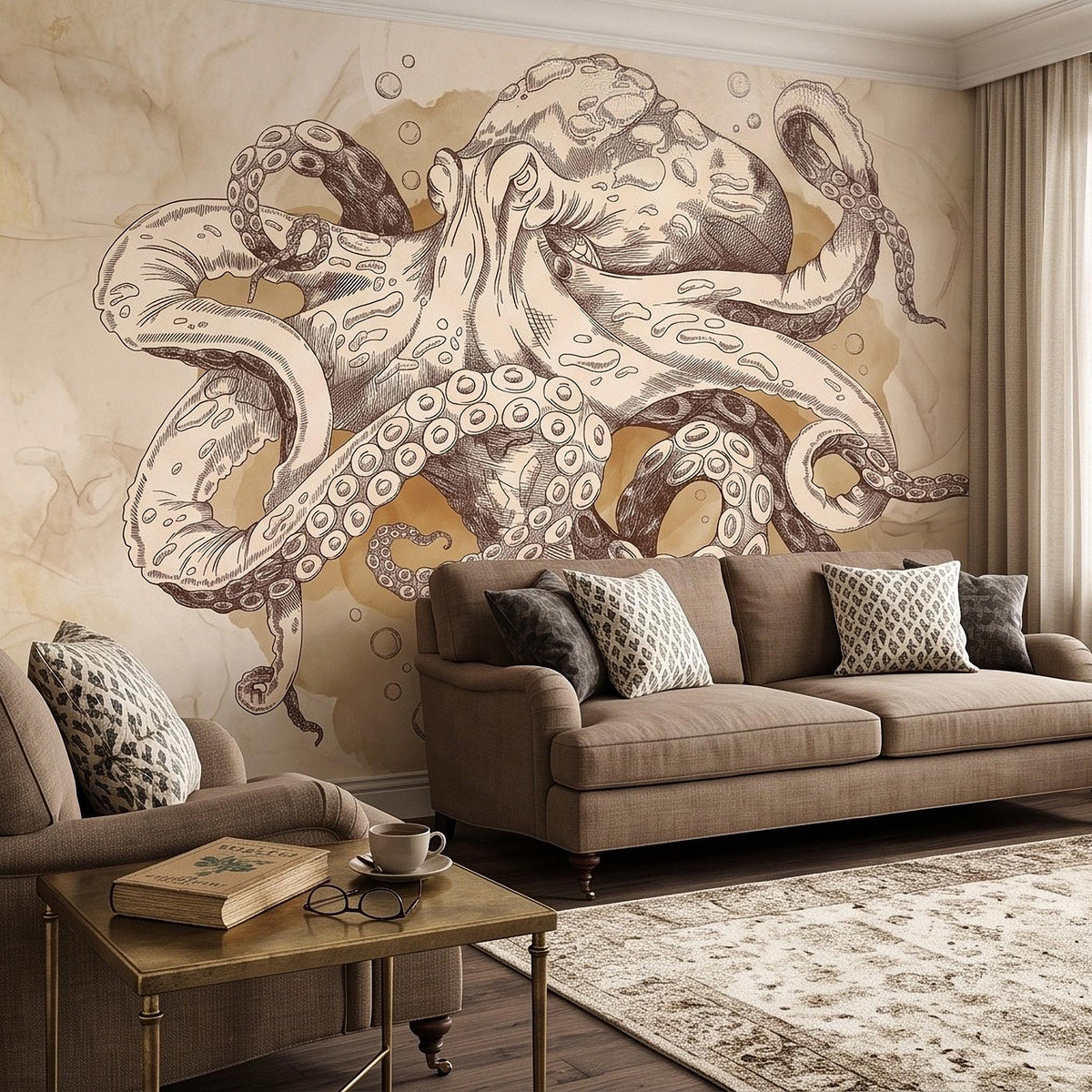 Vintage Octopus Peel and Stick Wall Mural, Antique Sepia Ink Drawing Nautical Marine Life Watercolor Scientific Illustration Wallpaper - The Fine Art Murals