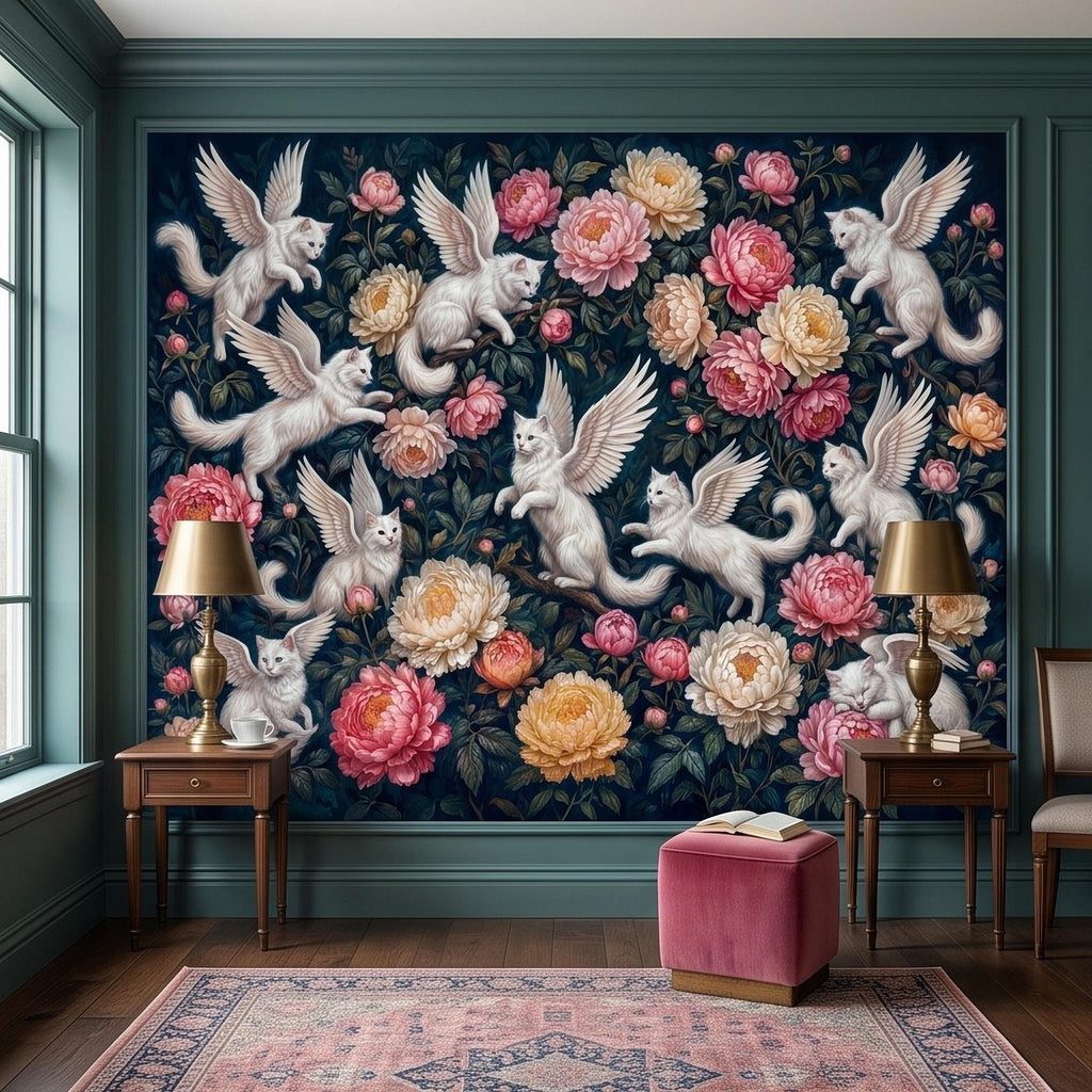 Winged Cats Peel and Stick Wall Mural, White Fantasy Kittens Pink Peony Flowers Dark Botanical Whimsical Floral Vintage Painting Wallpaper