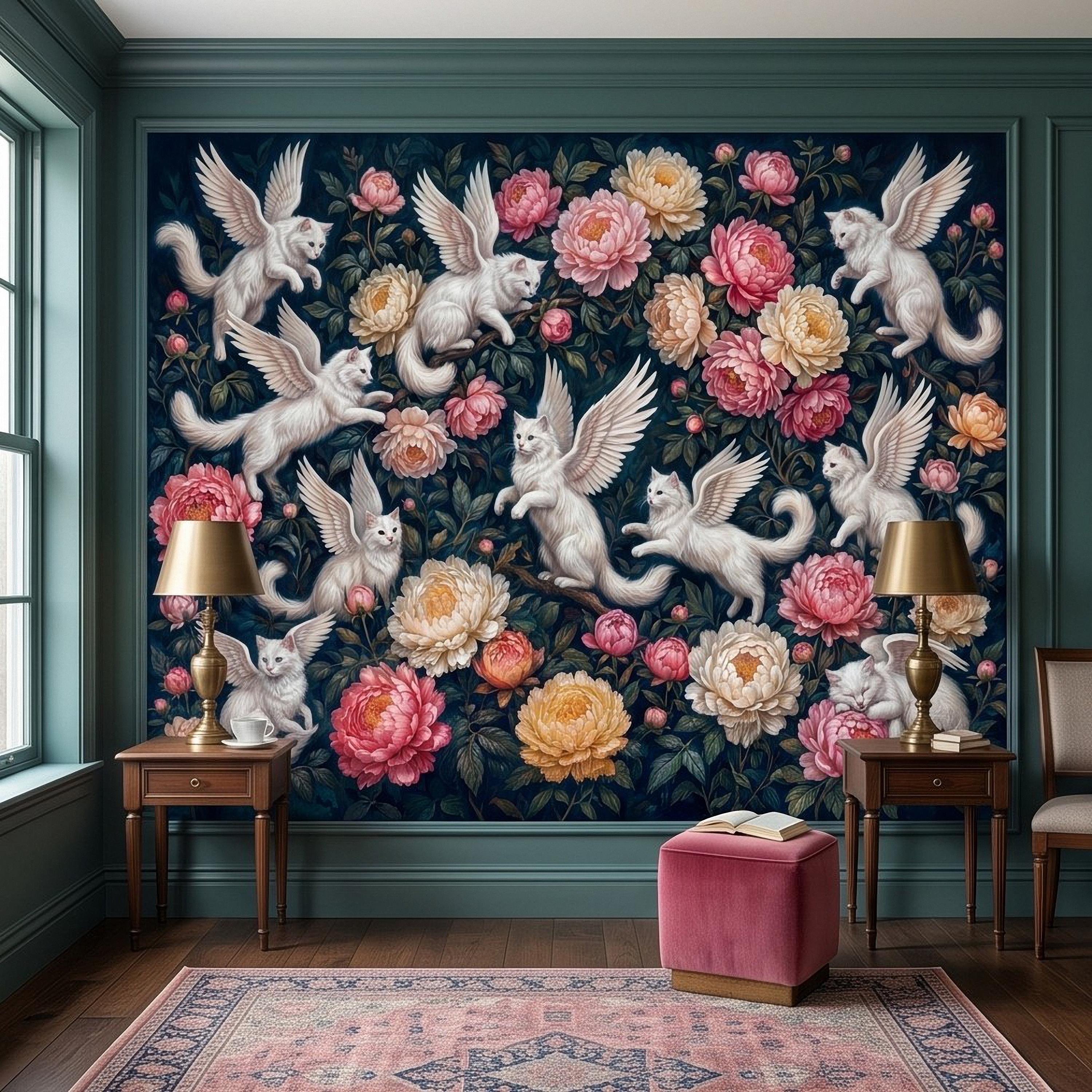 Winged Cats Peel and Stick Wall Mural, White Fantasy Kittens Pink Peony Flowers Dark Botanical Whimsical Floral Vintage Painting Wallpaper