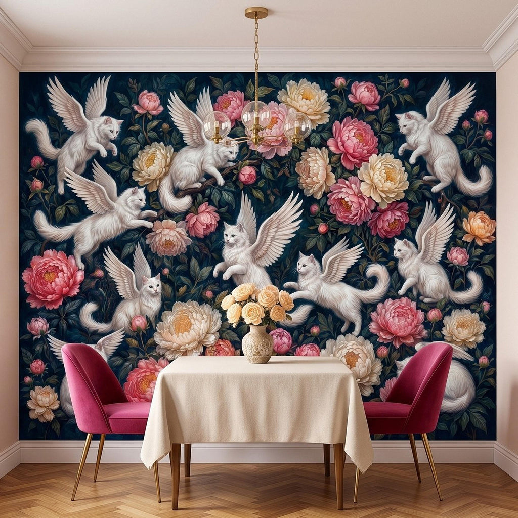 Winged Cats Peel and Stick Wall Mural, White Fantasy Kittens Pink Peony Flowers Dark Botanical Whimsical Floral Vintage Painting Wallpaper