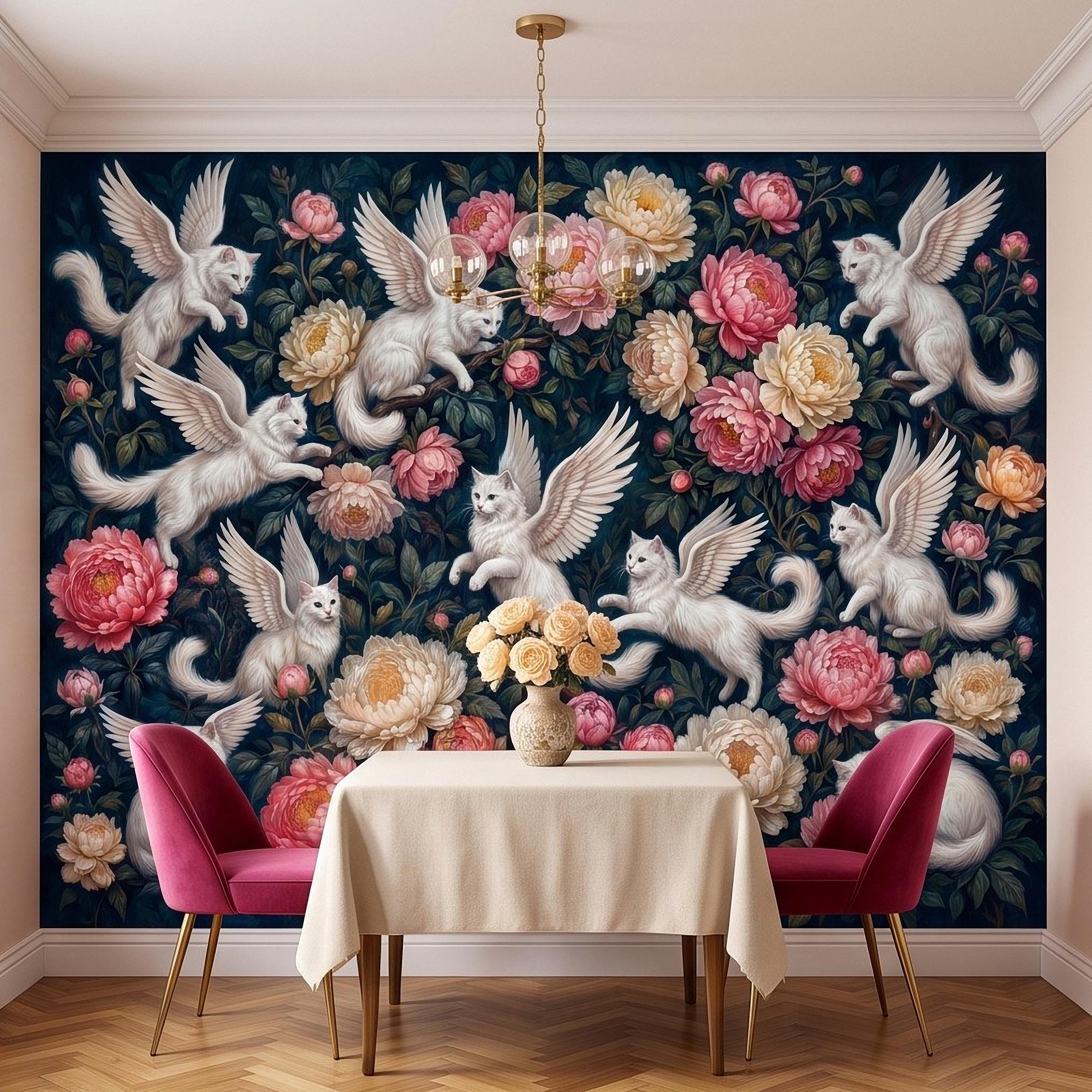 Winged Cats Peel and Stick Wall Mural, White Fantasy Kittens Pink Peony Flowers Dark Botanical Whimsical Floral Vintage Painting Wallpaper