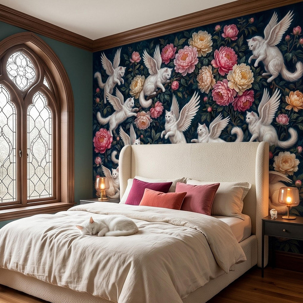 Winged Cats Peel and Stick Wall Mural, White Fantasy Kittens Pink Peony Flowers Dark Botanical Whimsical Floral Vintage Painting Wallpaper