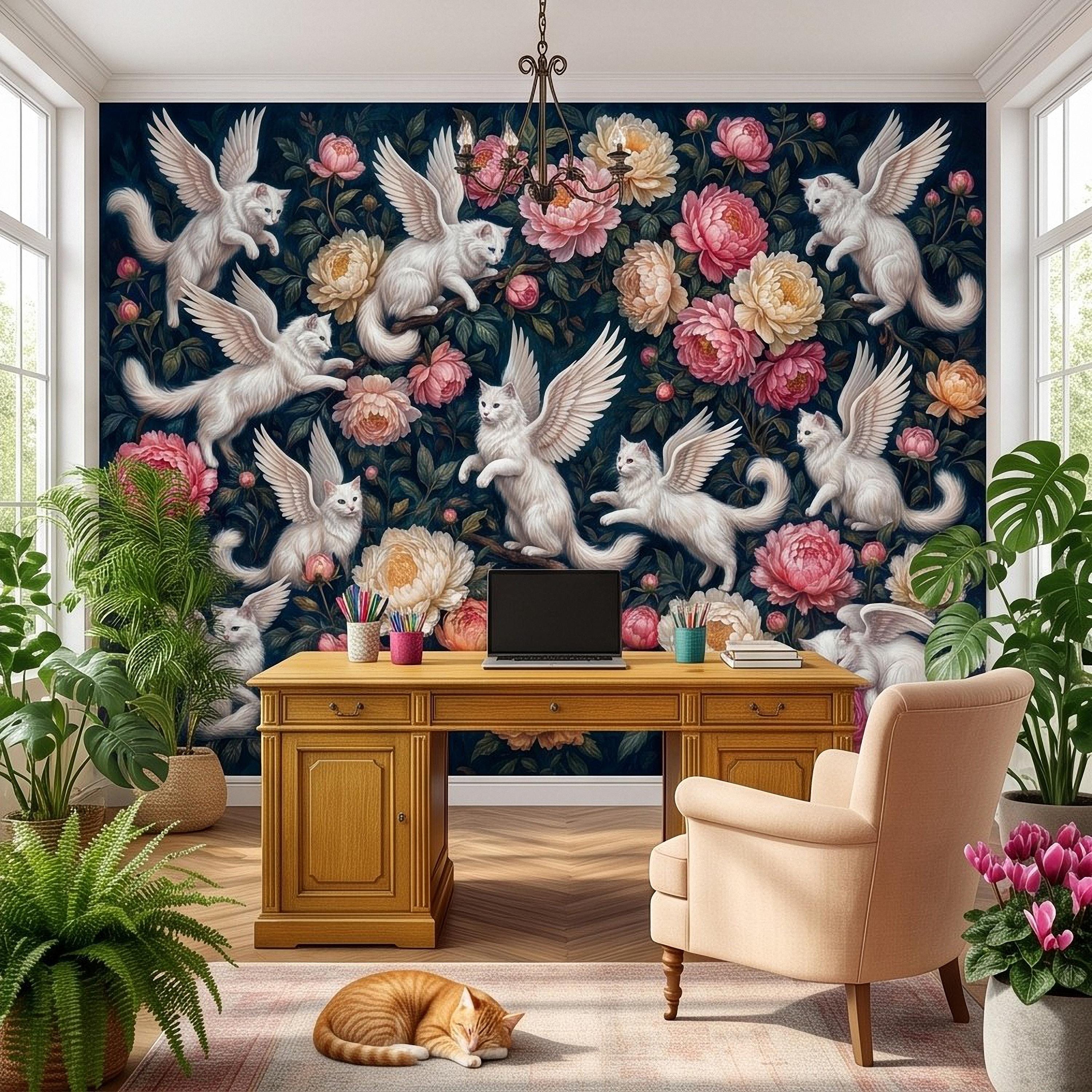 Winged Cats Peel and Stick Wall Mural, White Fantasy Kittens Pink Peony Flowers Dark Botanical Whimsical Floral Vintage Painting Wallpaper
