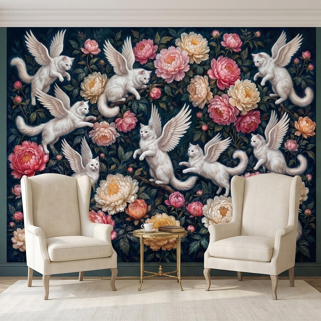 Winged Cats Peel and Stick Wall Mural, White Fantasy Kittens Pink Peony Flowers Dark Botanical Whimsical Floral Vintage Painting Wallpaper