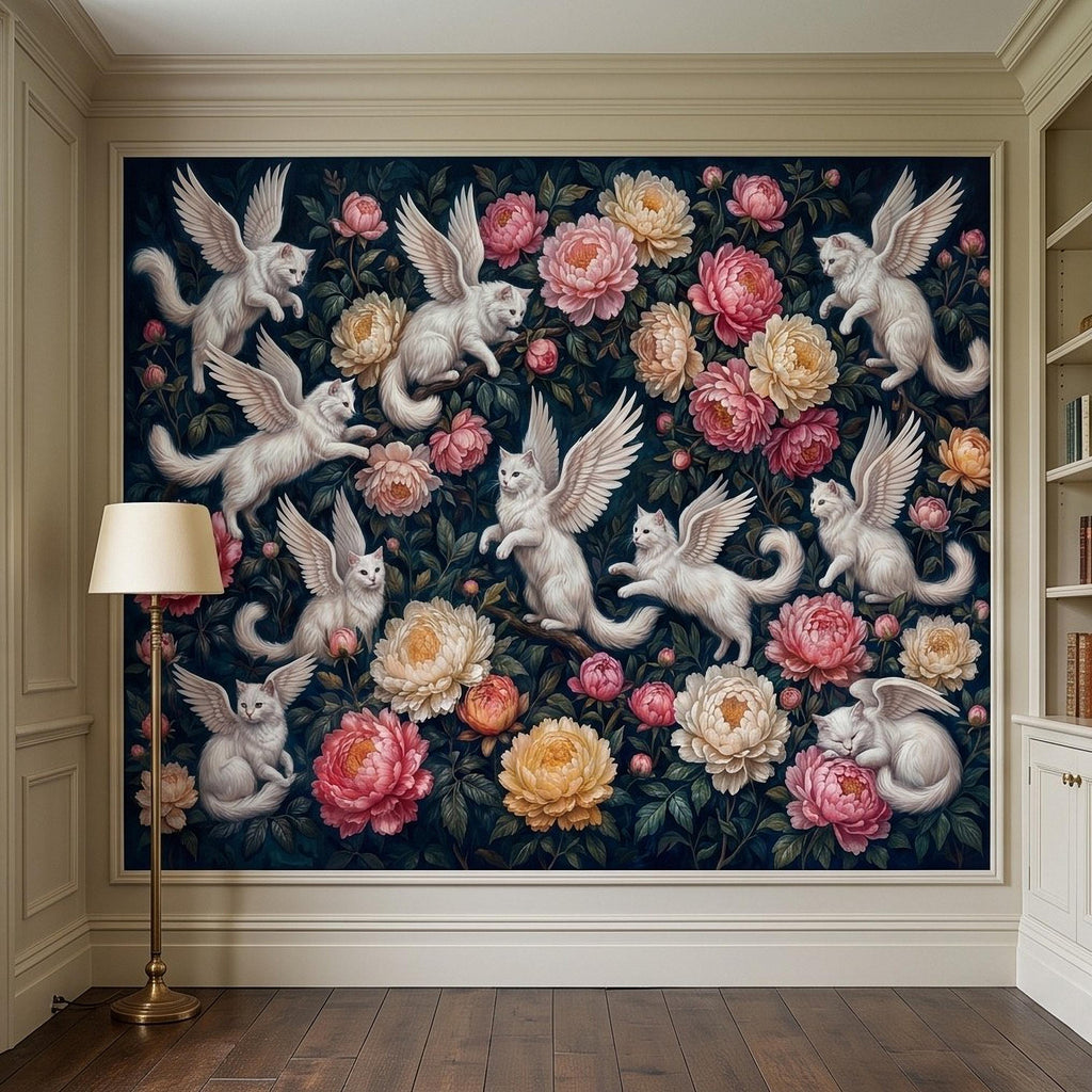 Winged Cats Peel and Stick Wall Mural, White Fantasy Kittens Pink Peony Flowers Dark Botanical Whimsical Floral Vintage Painting Wallpaper