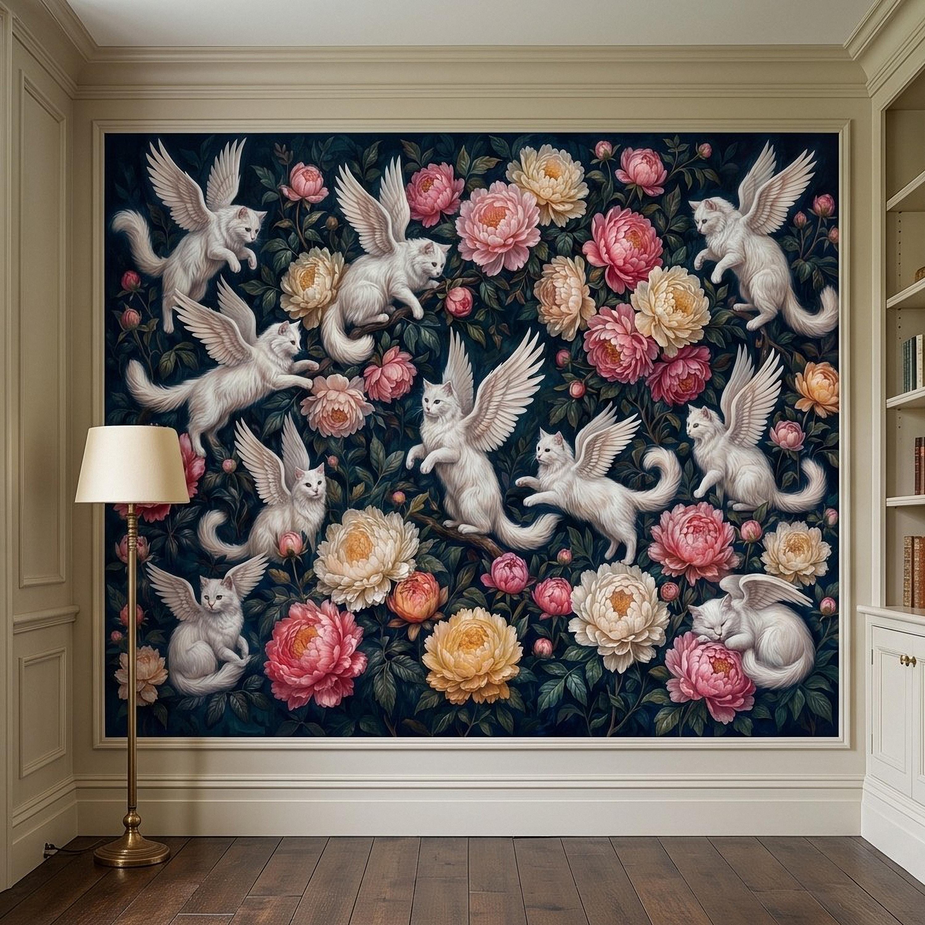 Winged Cats Peel and Stick Wall Mural, White Fantasy Kittens Pink Peony Flowers Dark Botanical Whimsical Floral Vintage Painting Wallpaper
