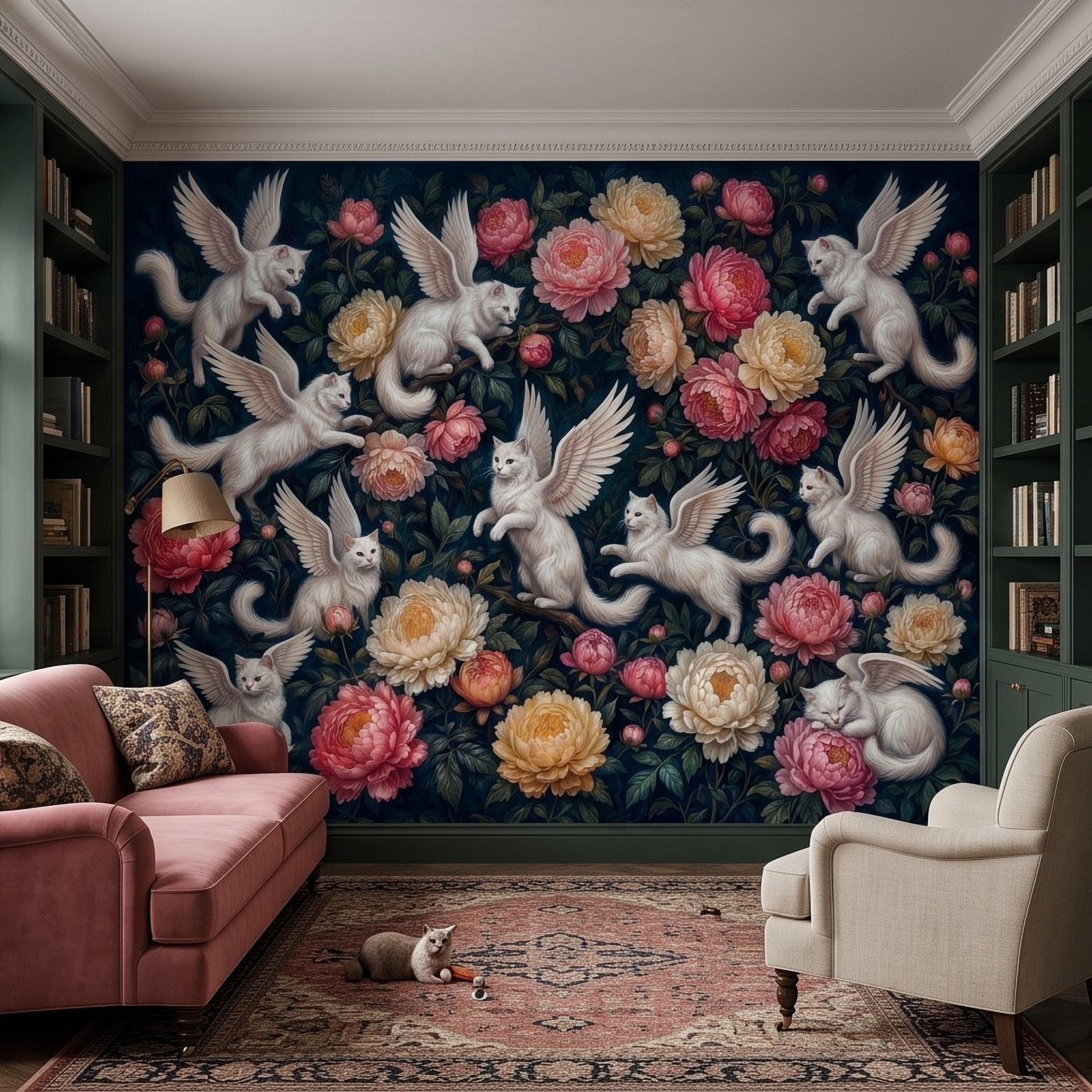 Winged Cats Peel and Stick Wall Mural, White Fantasy Kittens Pink Peony Flowers Dark Botanical Whimsical Floral Vintage Painting Wallpaper