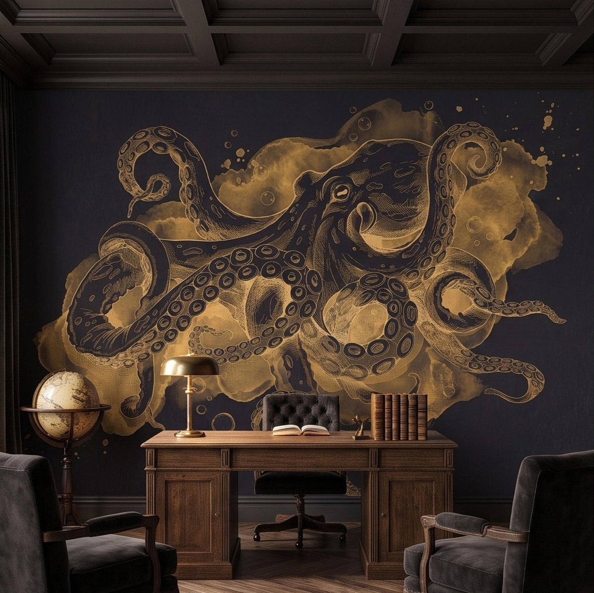 Vintage Octopus Peel and Stick Wall Mural, Antique Ink Drawing Dark Nautical Marine Engraving Watercolor Scientific Illustration Wallpaper - The Fine Art Murals