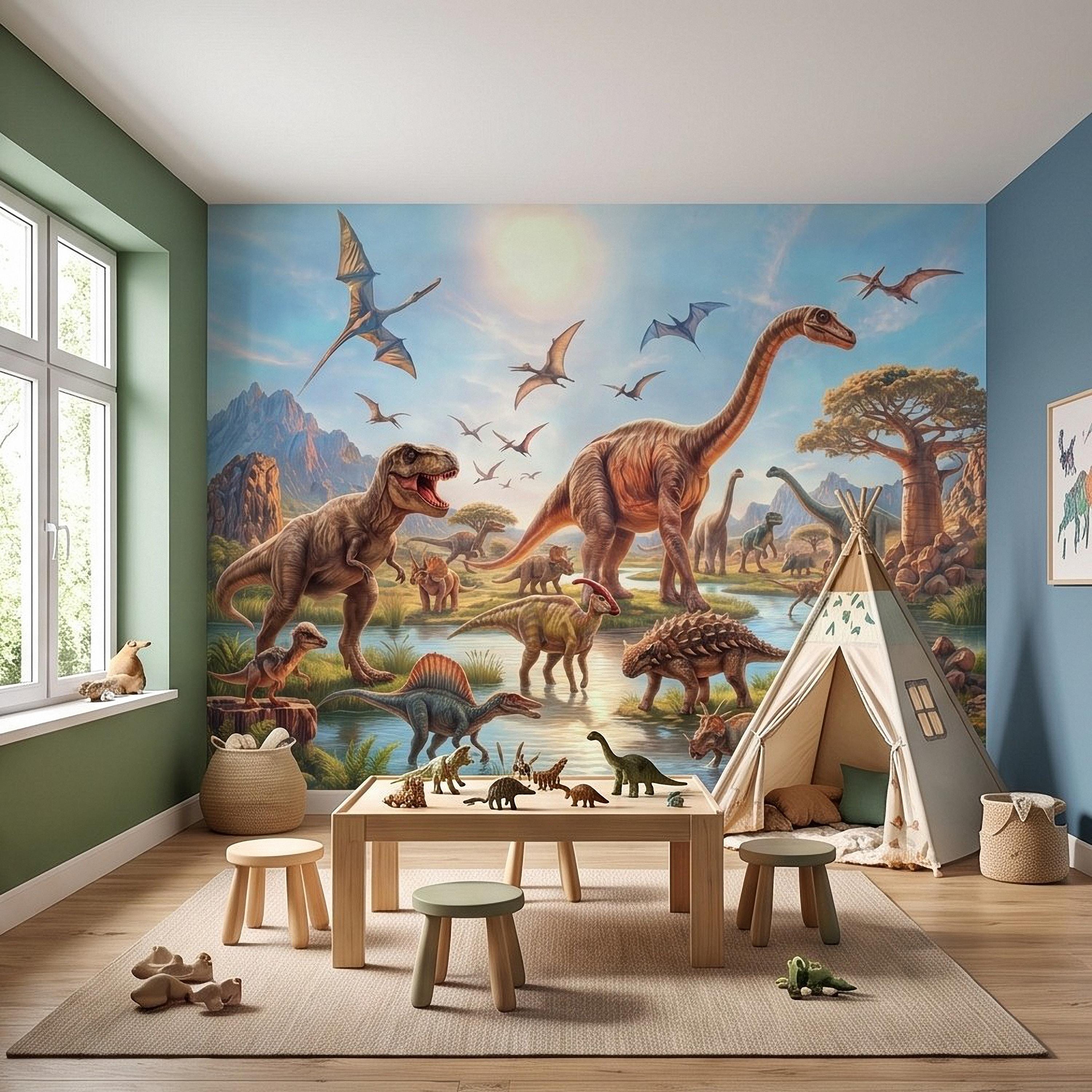 Dinosaur Adventure Peel and Stick Wall Mural, Prehistoric Jurassic Landscape Dinosaur World Kids Fantasy Scenic Illustration Wallpaper