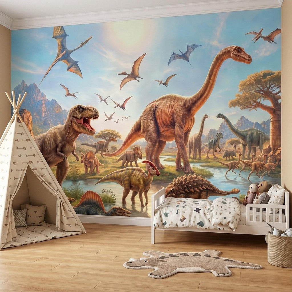 Dinosaur Adventure Peel and Stick Wall Mural, Prehistoric Jurassic Landscape Dinosaur World Kids Fantasy Scenic Illustration Wallpaper