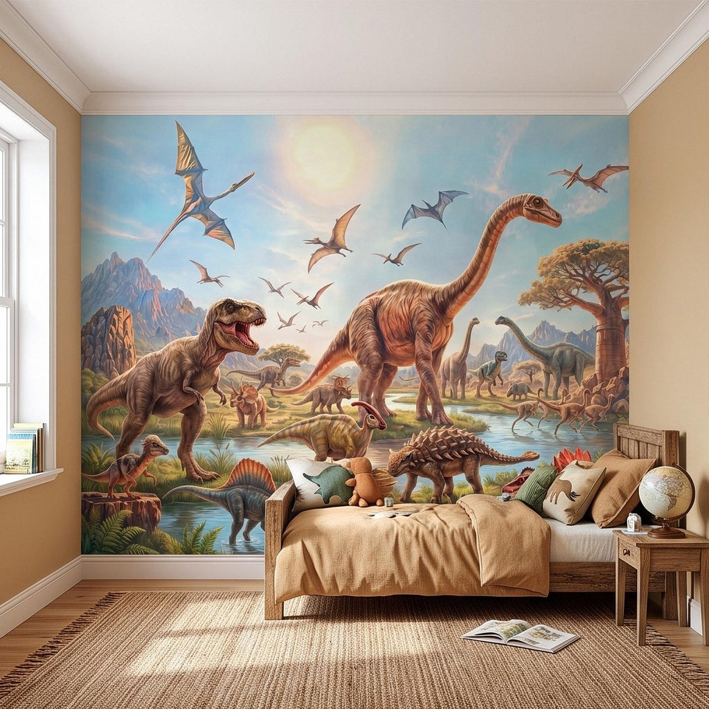 Dinosaur Adventure Peel and Stick Wall Mural, Prehistoric Jurassic Landscape Dinosaur World Kids Fantasy Scenic Illustration Wallpaper