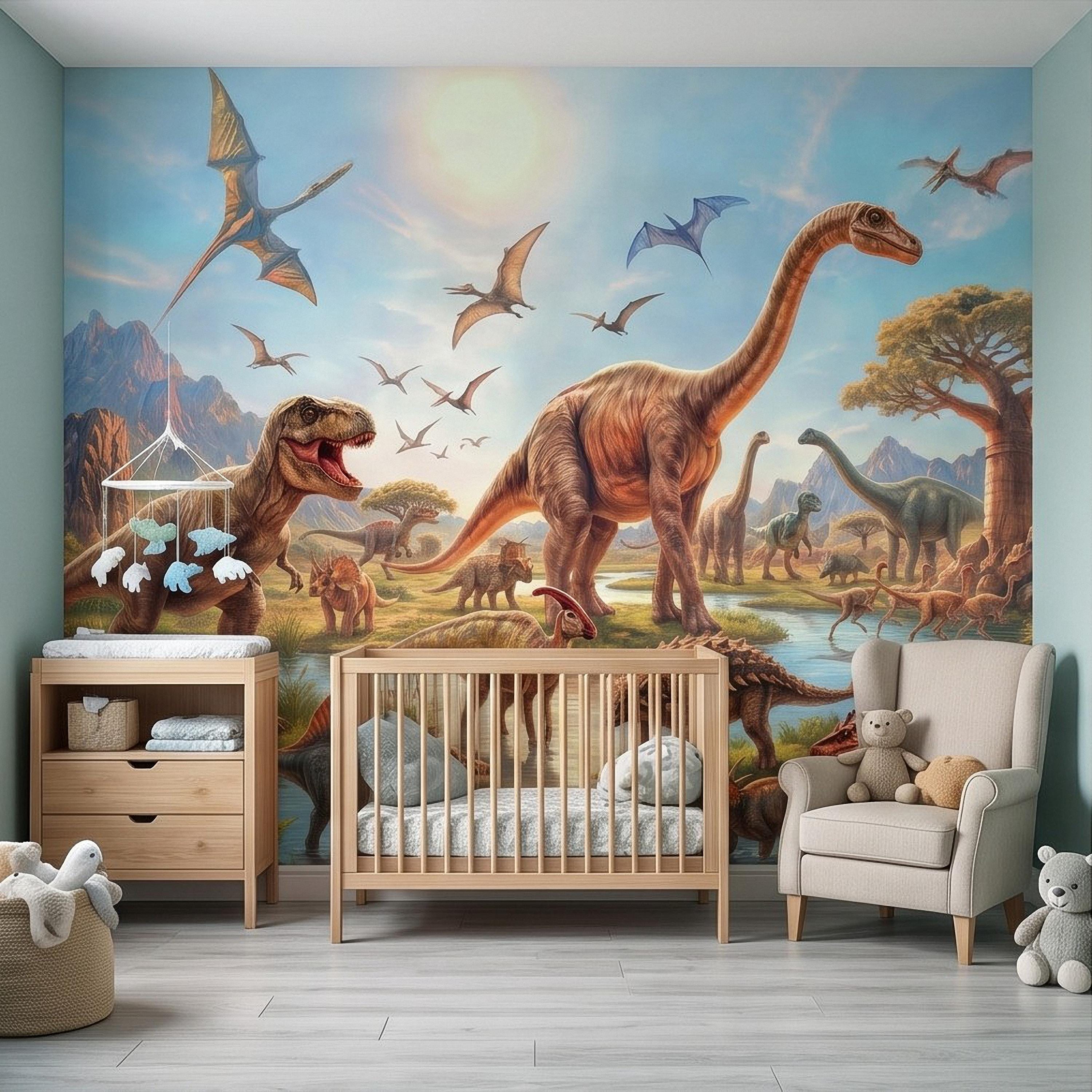 Dinosaur Adventure Peel and Stick Wall Mural, Prehistoric Jurassic Landscape Dinosaur World Kids Fantasy Scenic Illustration Wallpaper