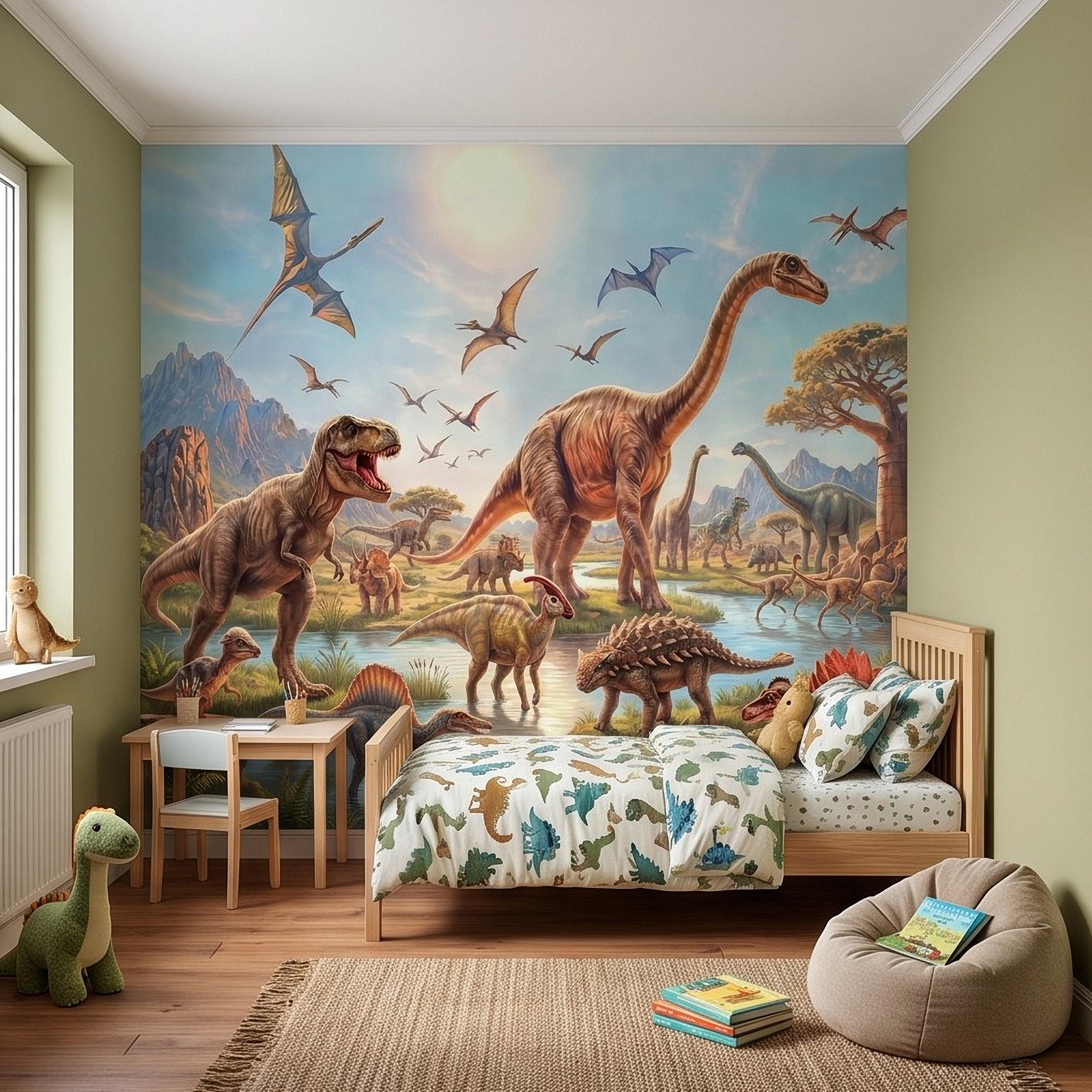 Dinosaur Adventure Peel and Stick Wall Mural, Prehistoric Jurassic Landscape Dinosaur World Kids Fantasy Scenic Illustration Wallpaper