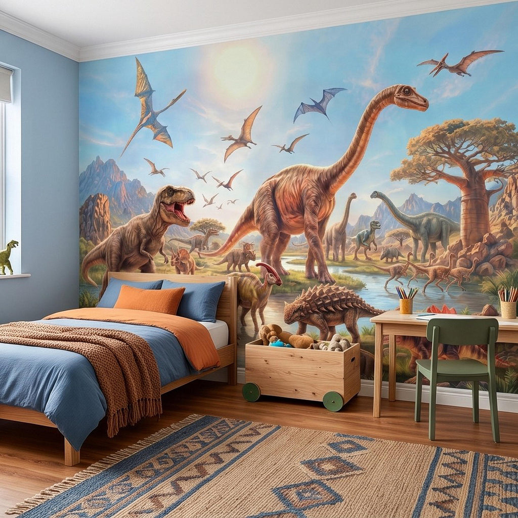 Dinosaur Adventure Peel and Stick Wall Mural, Prehistoric Jurassic Landscape Dinosaur World Kids Fantasy Scenic Illustration Wallpaper