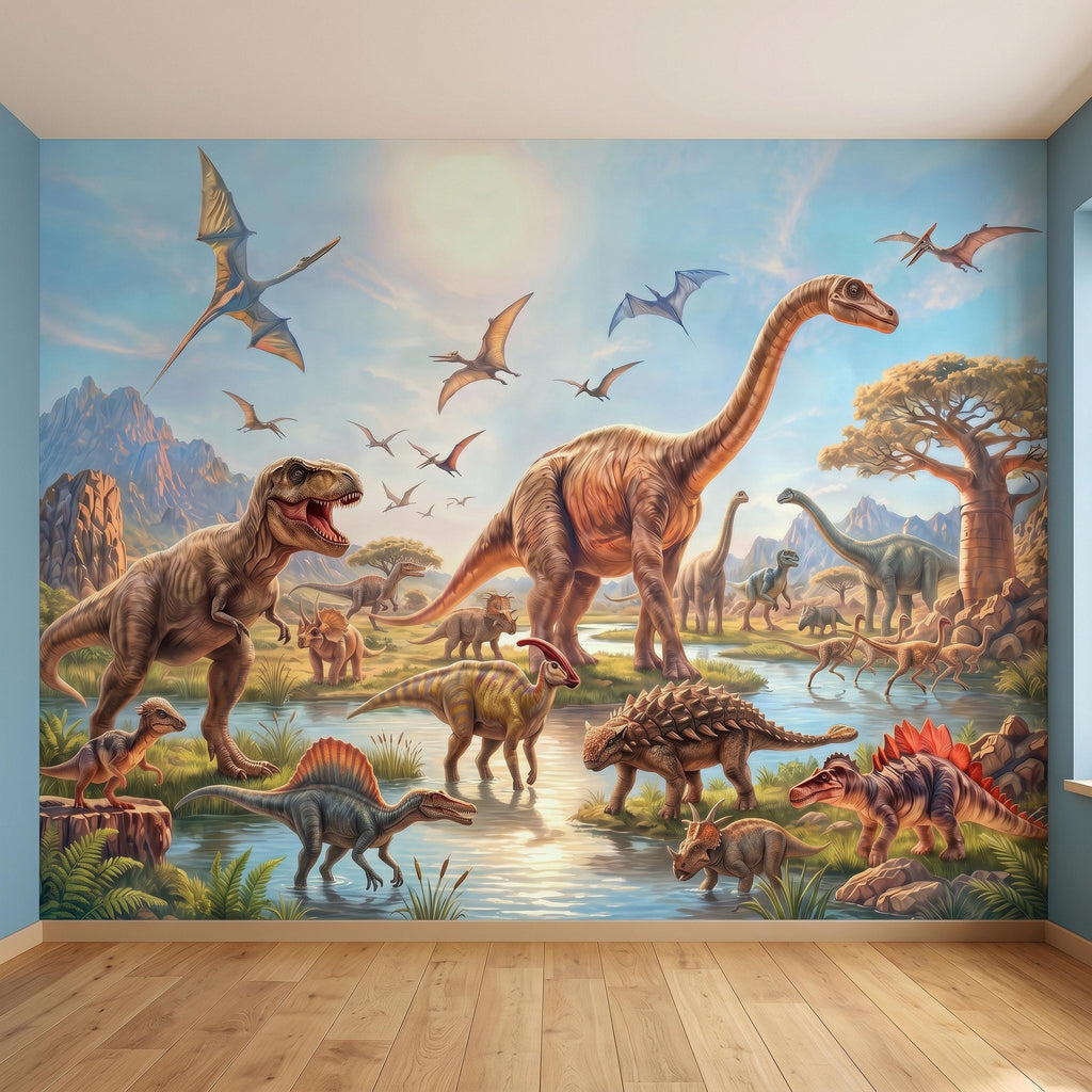 Dinosaur Adventure Peel and Stick Wall Mural, Prehistoric Jurassic Landscape Dinosaur World Kids Fantasy Scenic Illustration Wallpaper