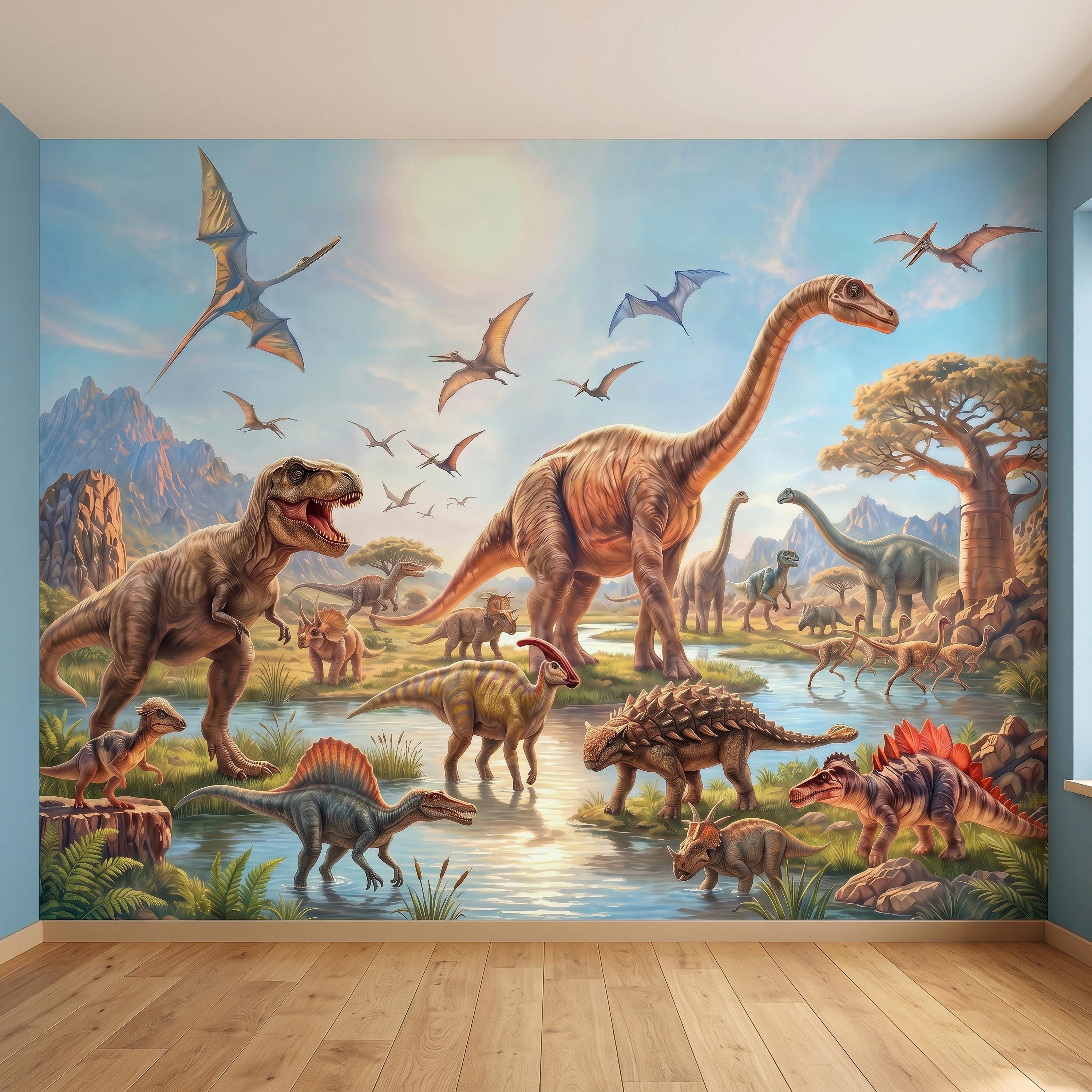 Dinosaur Adventure Peel and Stick Wall Mural, Prehistoric Jurassic Landscape Dinosaur World Kids Fantasy Scenic Illustration Wallpaper