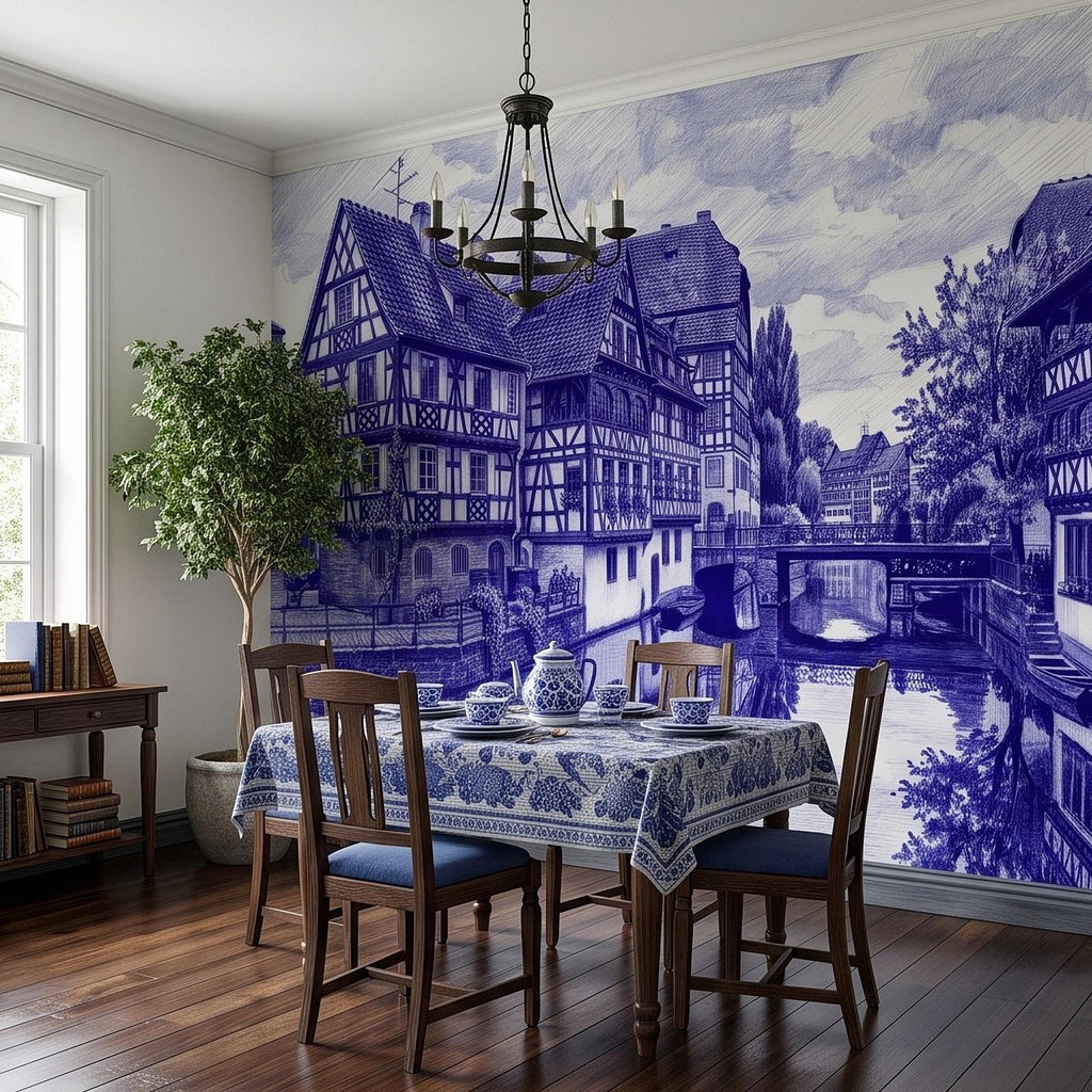 European Village Peel and Stick Wall Mural, Blue Ink Sketch Timbered Houses Canal Old Town Architecture Vintage Scenic Drawing Wallpaper
