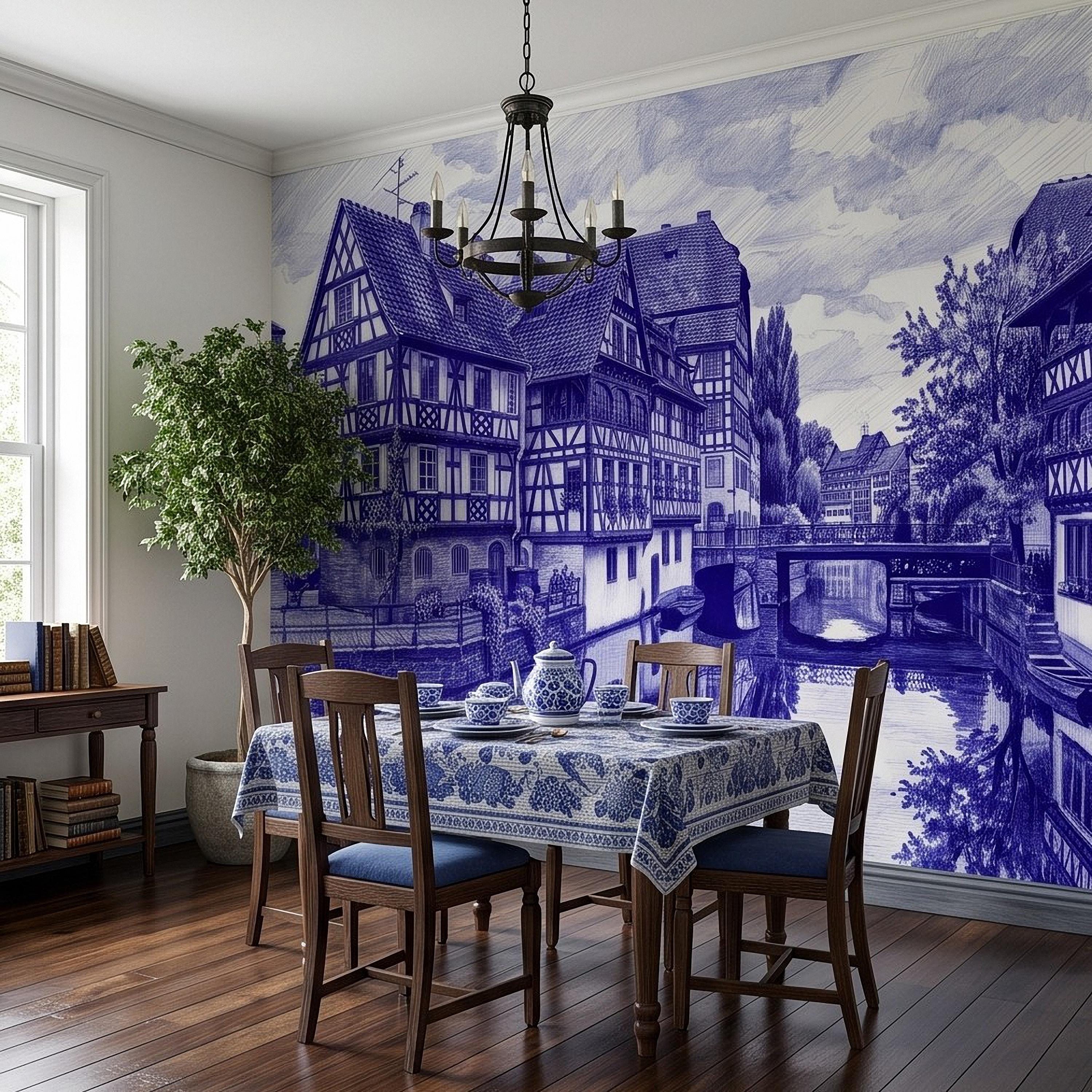 European Village Peel and Stick Wall Mural, Blue Ink Sketch Timbered Houses Canal Old Town Architecture Vintage Scenic Drawing Wallpaper