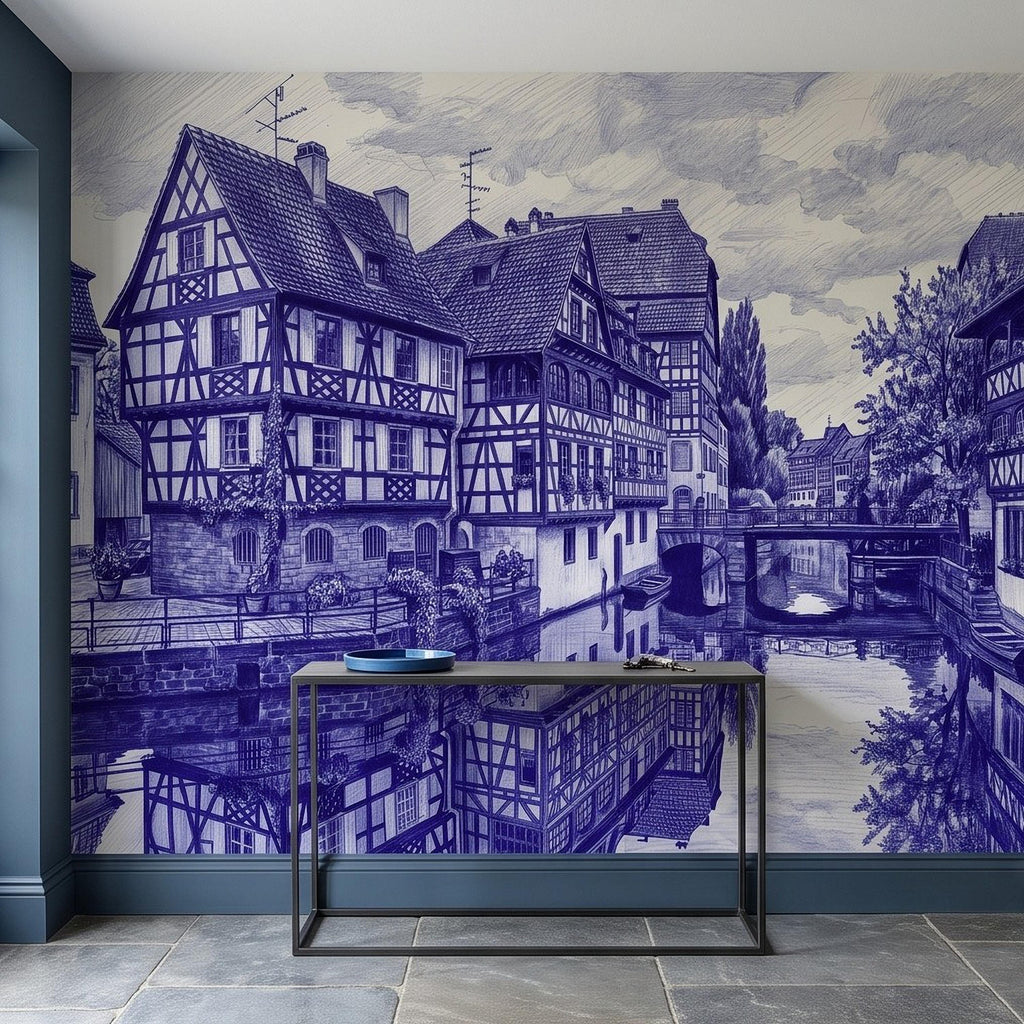 European Village Peel and Stick Wall Mural, Blue Ink Sketch Timbered Houses Canal Old Town Architecture Vintage Scenic Drawing Wallpaper