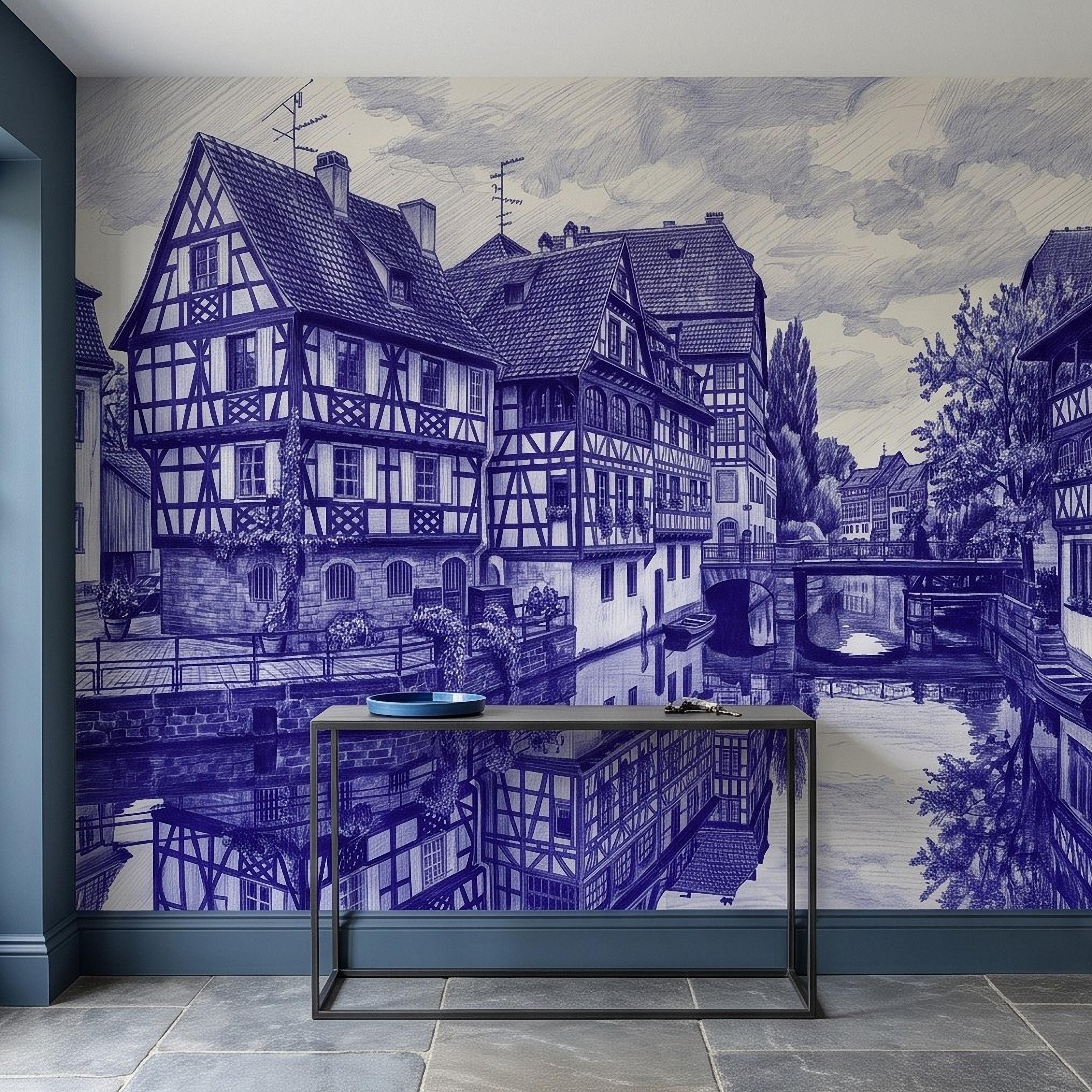 European Village Peel and Stick Wall Mural, Blue Ink Sketch Timbered Houses Canal Old Town Architecture Vintage Scenic Drawing Wallpaper