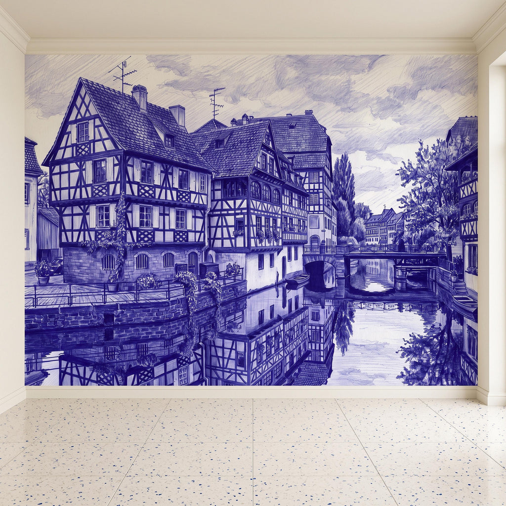 European Village Peel and Stick Wall Mural, Blue Ink Sketch Timbered Houses Canal Old Town Architecture Vintage Scenic Drawing Wallpaper