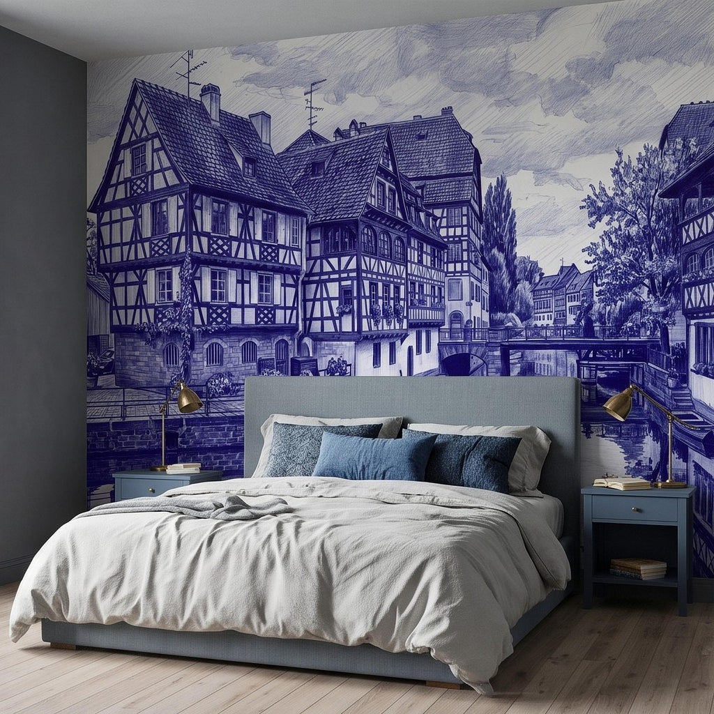 European Village Peel and Stick Wall Mural, Blue Ink Sketch Timbered Houses Canal Old Town Architecture Vintage Scenic Drawing Wallpaper