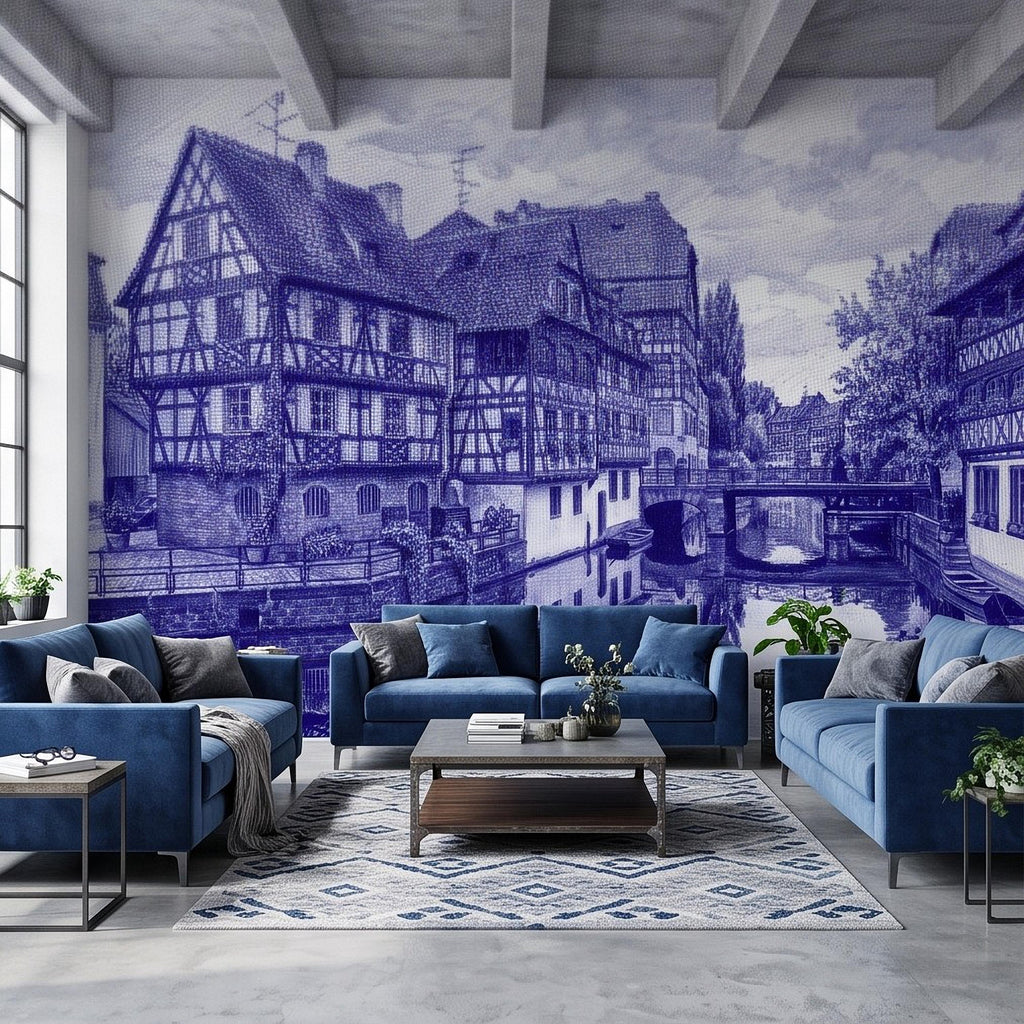 European Village Peel and Stick Wall Mural, Blue Ink Sketch Timbered Houses Canal Old Town Architecture Vintage Scenic Drawing Wallpaper