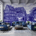 European Village Peel and Stick Wall Mural, Blue Ink Sketch Timbered Houses Canal Old Town Architecture Vintage Scenic Drawing Wallpaper