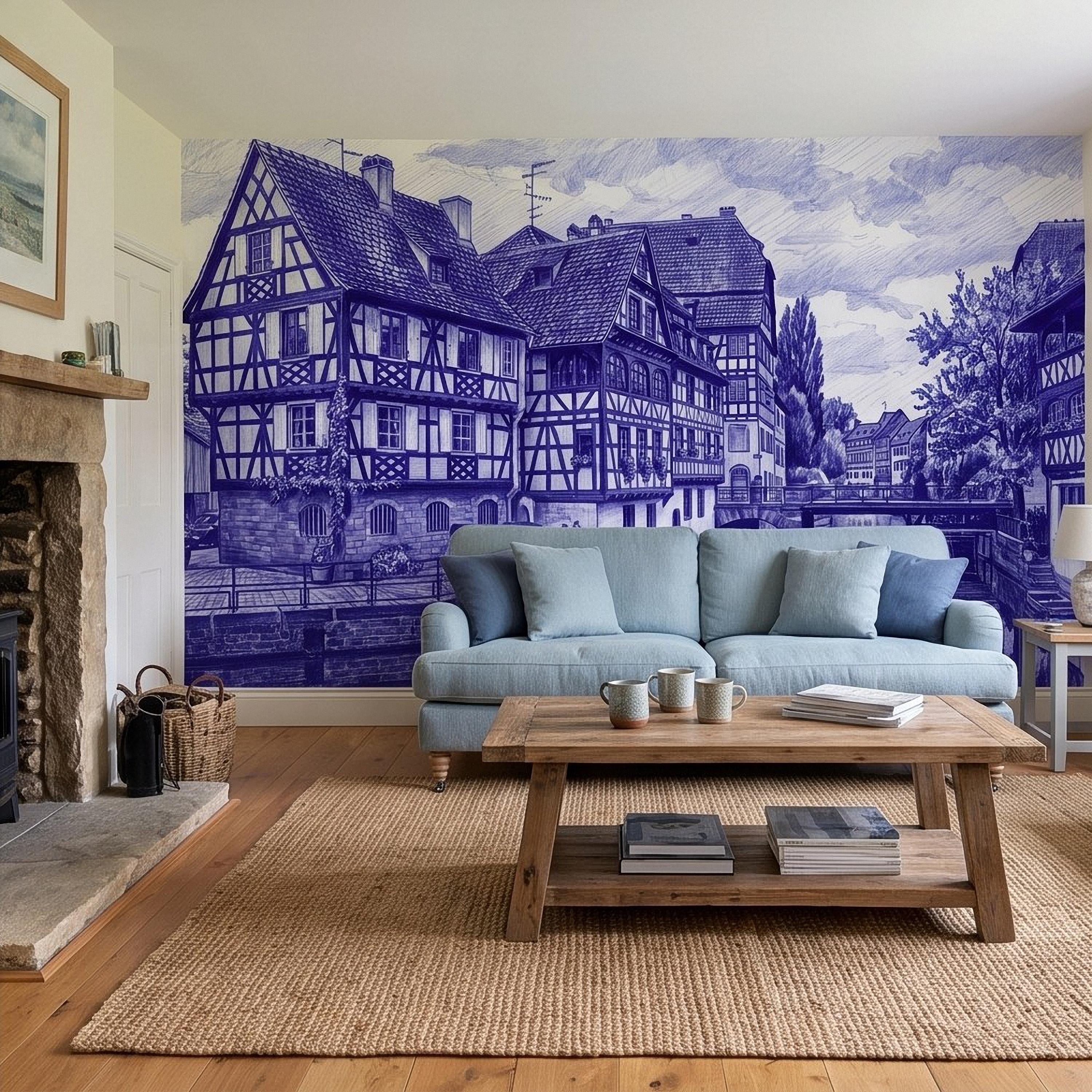 European Village Peel and Stick Wall Mural, Blue Ink Sketch Timbered Houses Canal Old Town Architecture Vintage Scenic Drawing Wallpaper