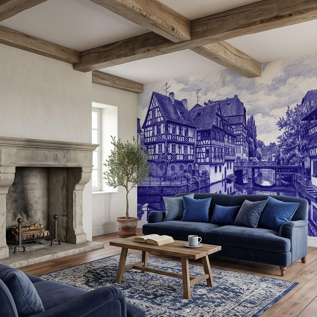 European Village Peel and Stick Wall Mural, Blue Ink Sketch Timbered Houses Canal Old Town Architecture Vintage Scenic Drawing Wallpaper