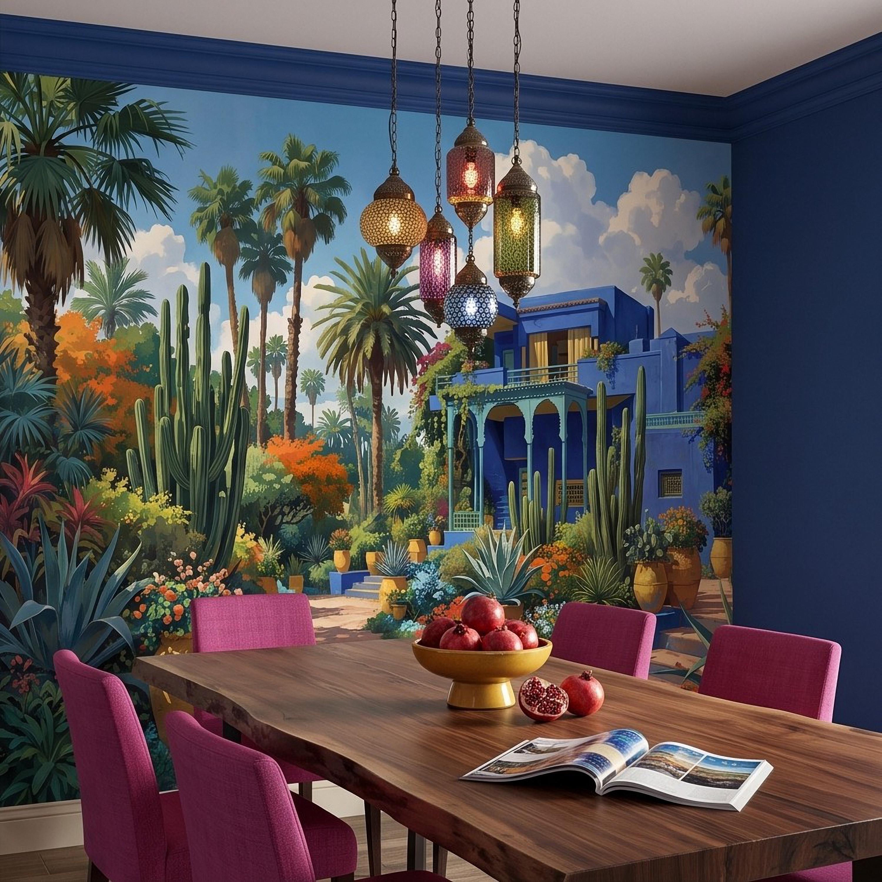 Moroccan Garden Peel and Stick Wall Mural, Majorelle Blue Villa Tropical Palm Cactus Courtyard Colorful Mediterranean Landscape Wallpaper
