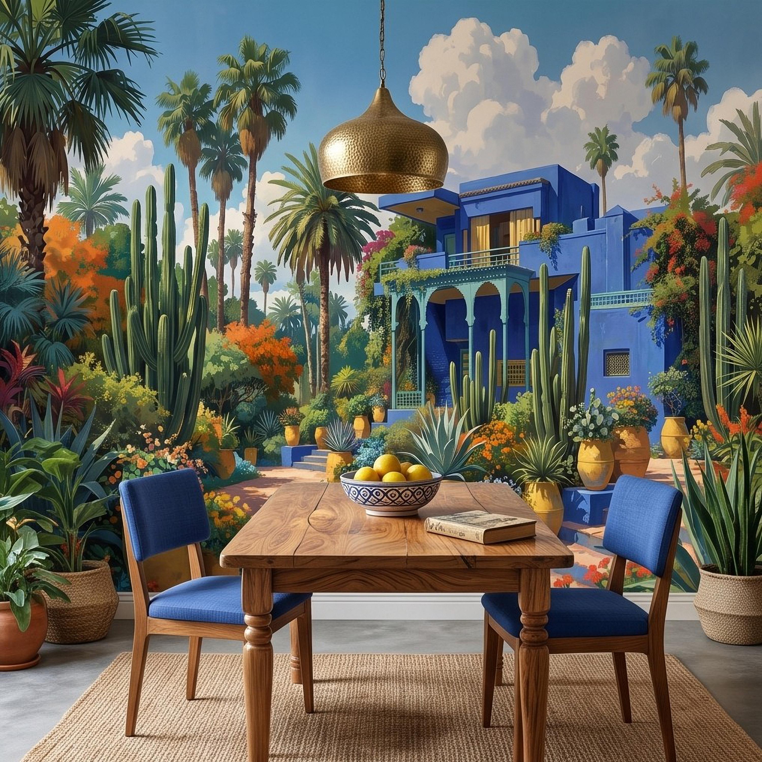 Moroccan Garden Peel and Stick Wall Mural, Majorelle Blue Villa Tropical Palm Cactus Courtyard Colorful Mediterranean Landscape Wallpaper