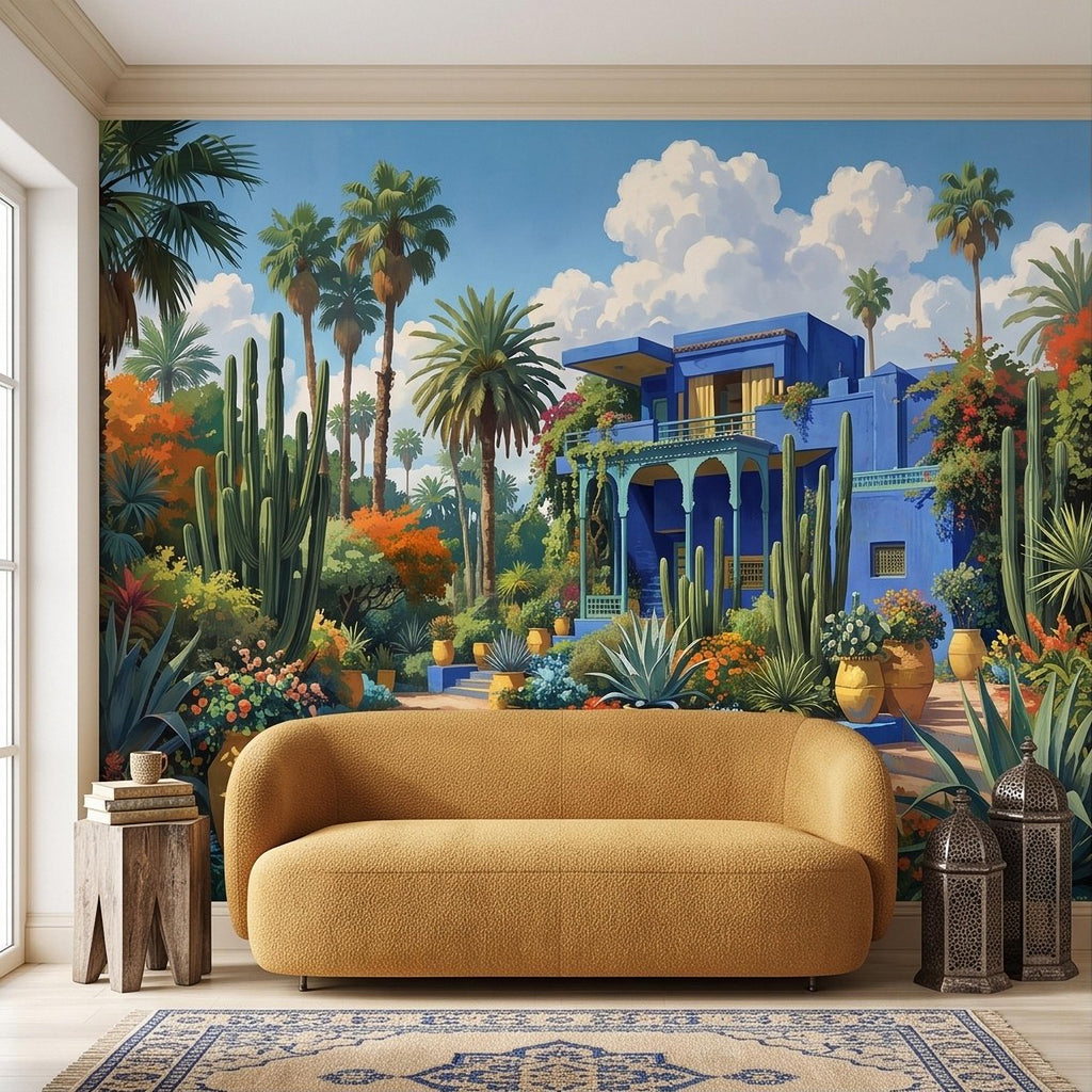 Moroccan Garden Peel and Stick Wall Mural, Majorelle Blue Villa Tropical Palm Cactus Courtyard Colorful Mediterranean Landscape Wallpaper