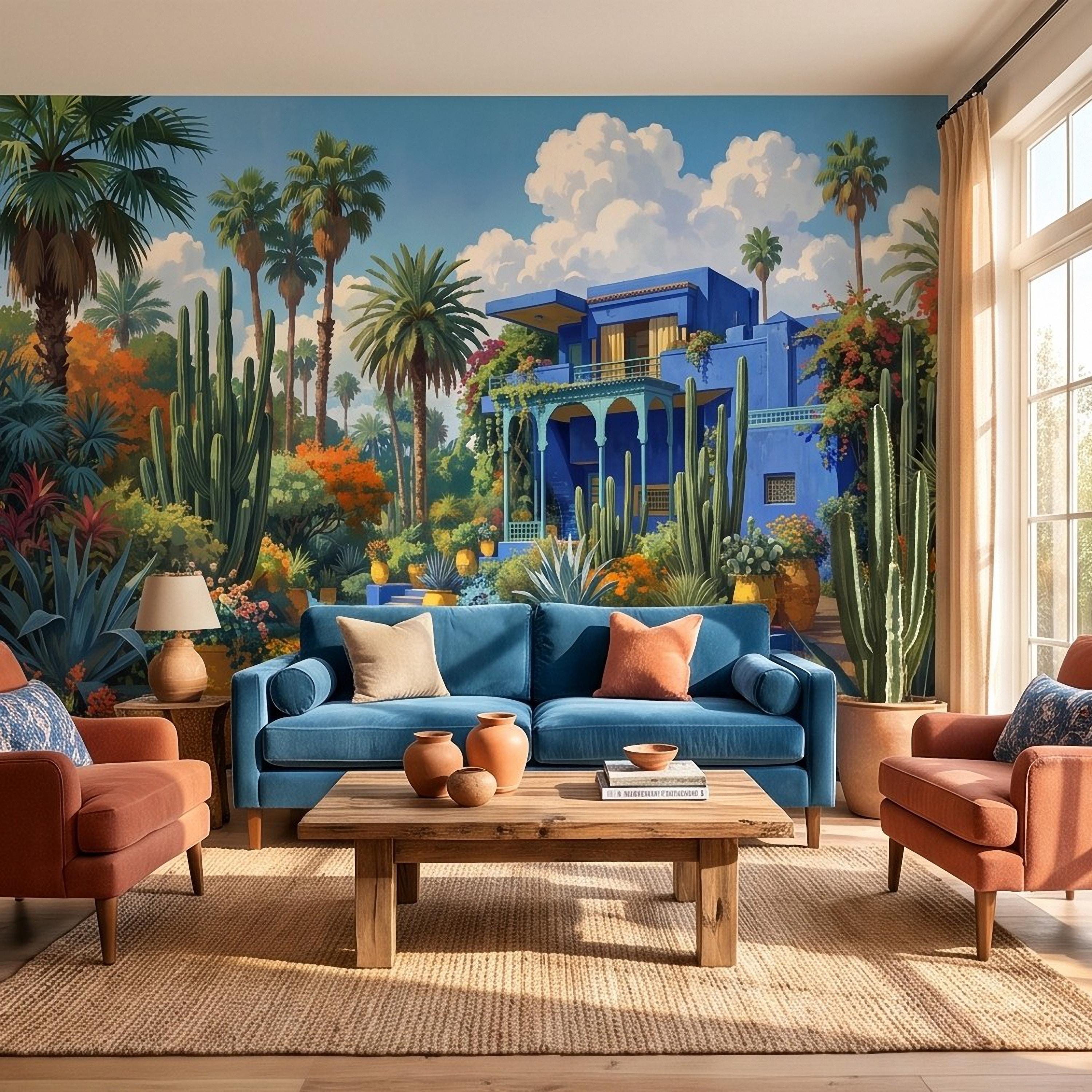 Moroccan Garden Peel and Stick Wall Mural, Majorelle Blue Villa Tropical Palm Cactus Courtyard Colorful Mediterranean Landscape Wallpaper