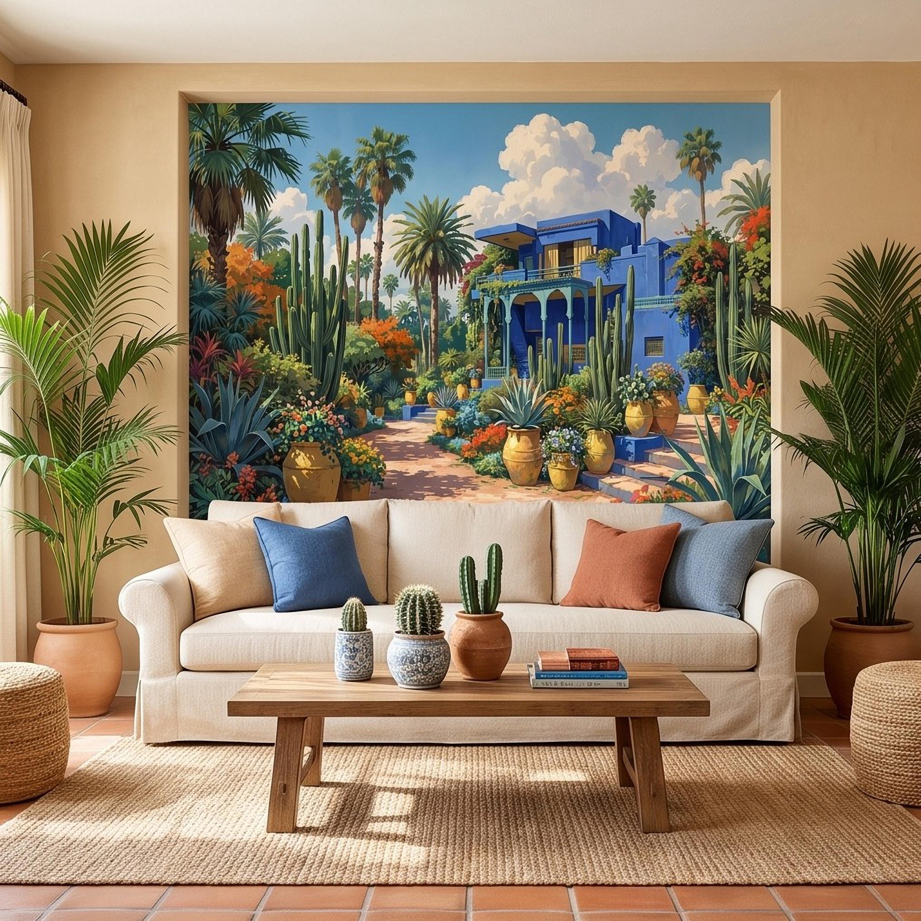 Moroccan Garden Peel and Stick Wall Mural, Majorelle Blue Villa Tropical Palm Cactus Courtyard Colorful Mediterranean Landscape Wallpaper