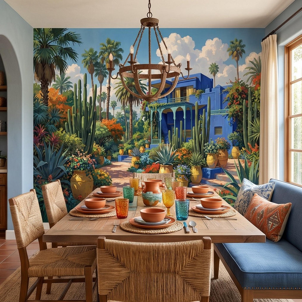 Moroccan Garden Peel and Stick Wall Mural, Majorelle Blue Villa Tropical Palm Cactus Courtyard Colorful Mediterranean Landscape Wallpaper